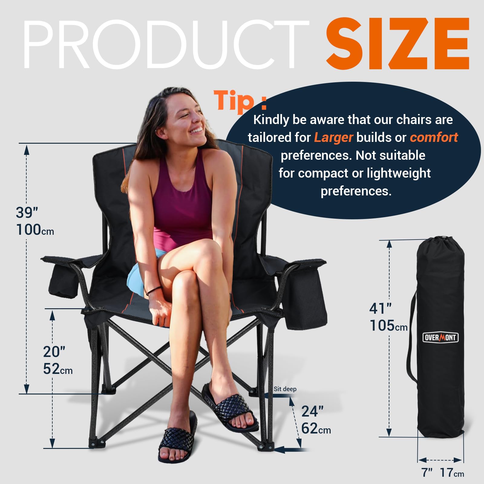 Overmont Heavy Duty Oversized Folding Camping Chairs 2-Pack - 450lbs Weight Capacity with Padded Seat & Cooler Pockets - Portable Collapsible Chairs for Outdoor Sports, Beach, Fishing, Picnics, Backyard, Camping & Garden Relaxation