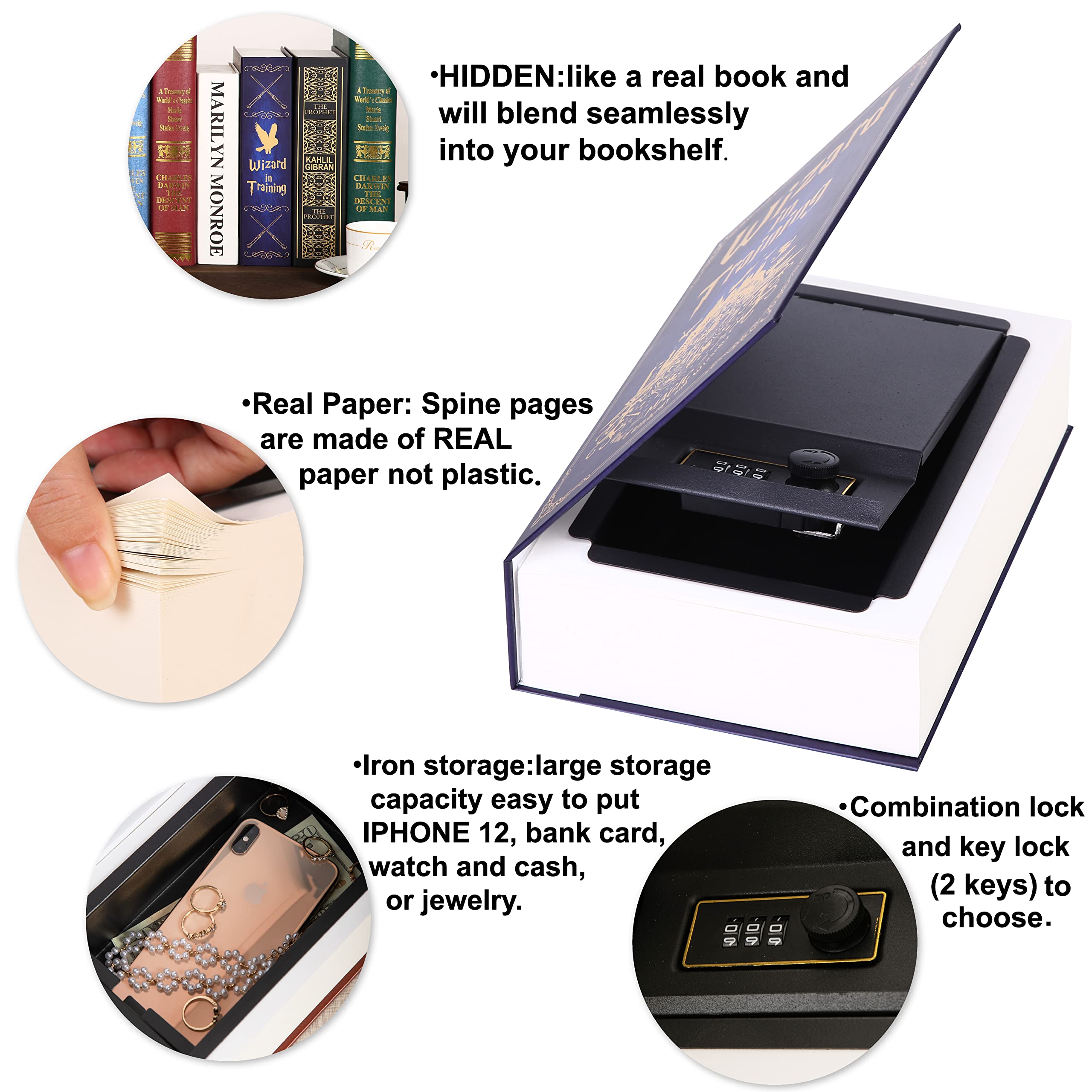 Ulixu Diversion Book Safe with Combination Lock - Secret Metal Cash Box for Money, Jewelry & Valuables - Compact Home & Office Safe for Security & Discreet Storage