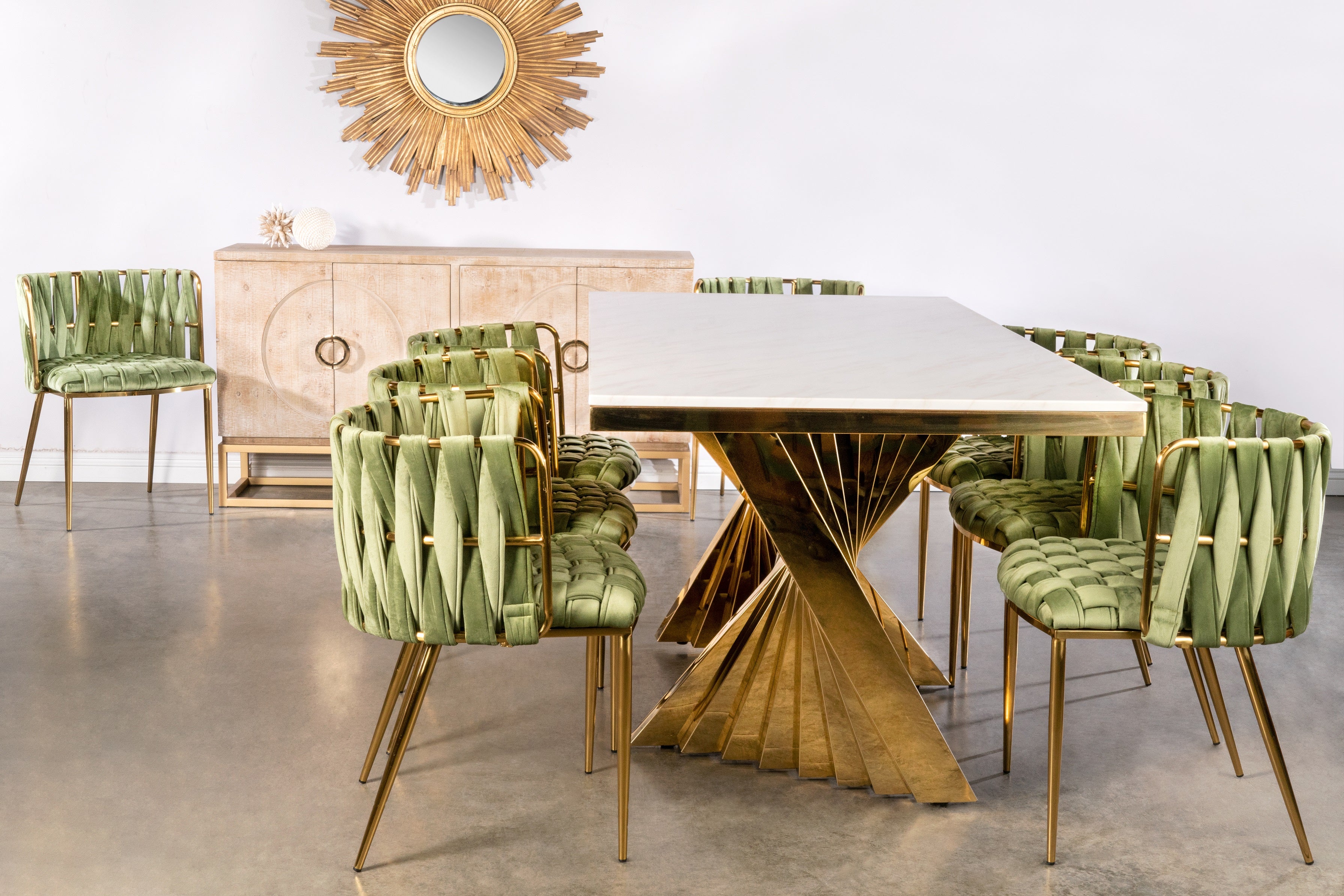 Gold Rectangular Marble Top Dining Table with Waterfall Edge - Elegant Modern Kitchen & Dining Room Furniture for Home Decor & Entertaining