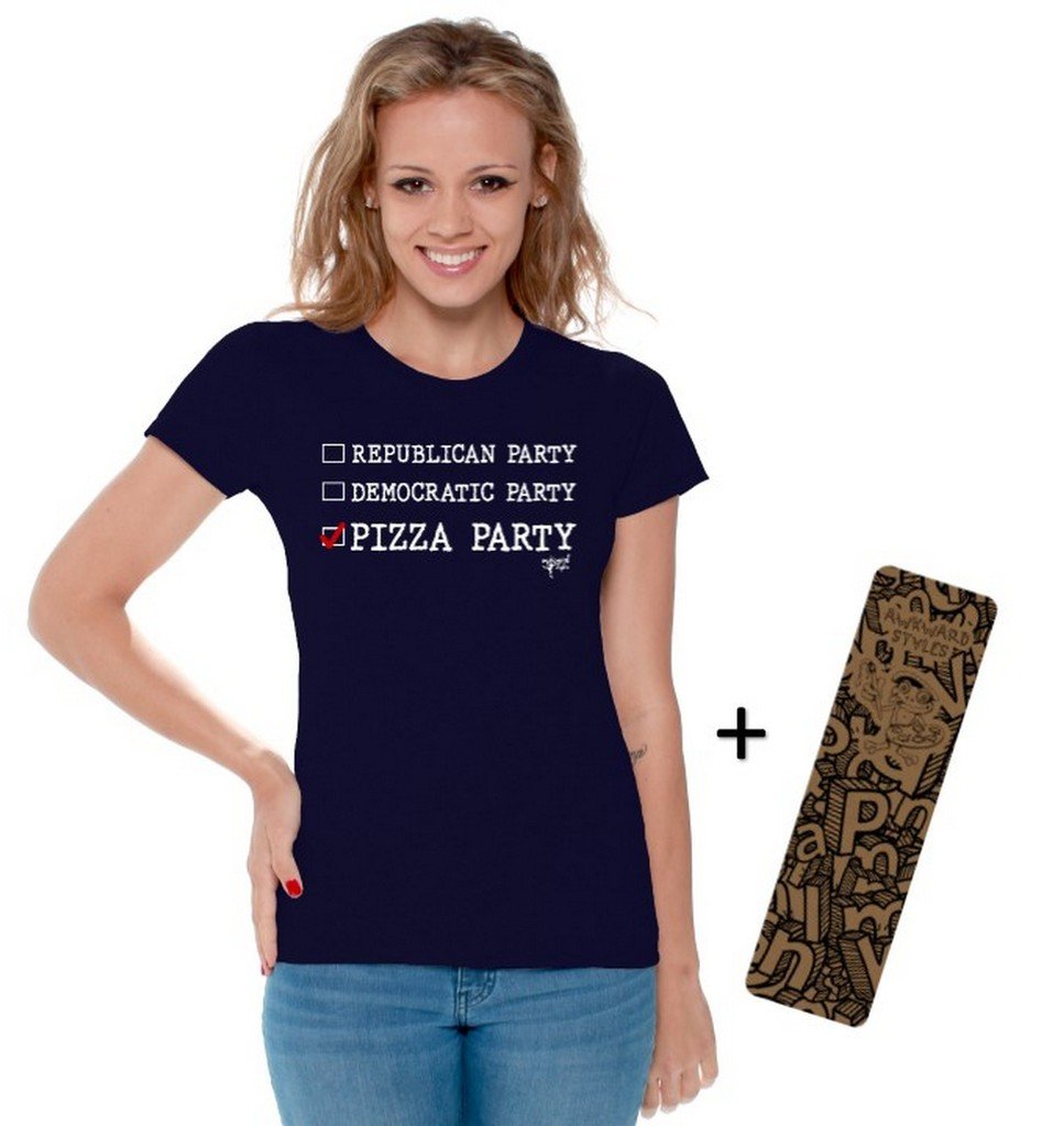 Awkwardstyles Women's Republican Democratic Pizza Party Funny Political T-Shirt - White Cotton Tee with Free Bookmark - Great for Election Parties & Political Events