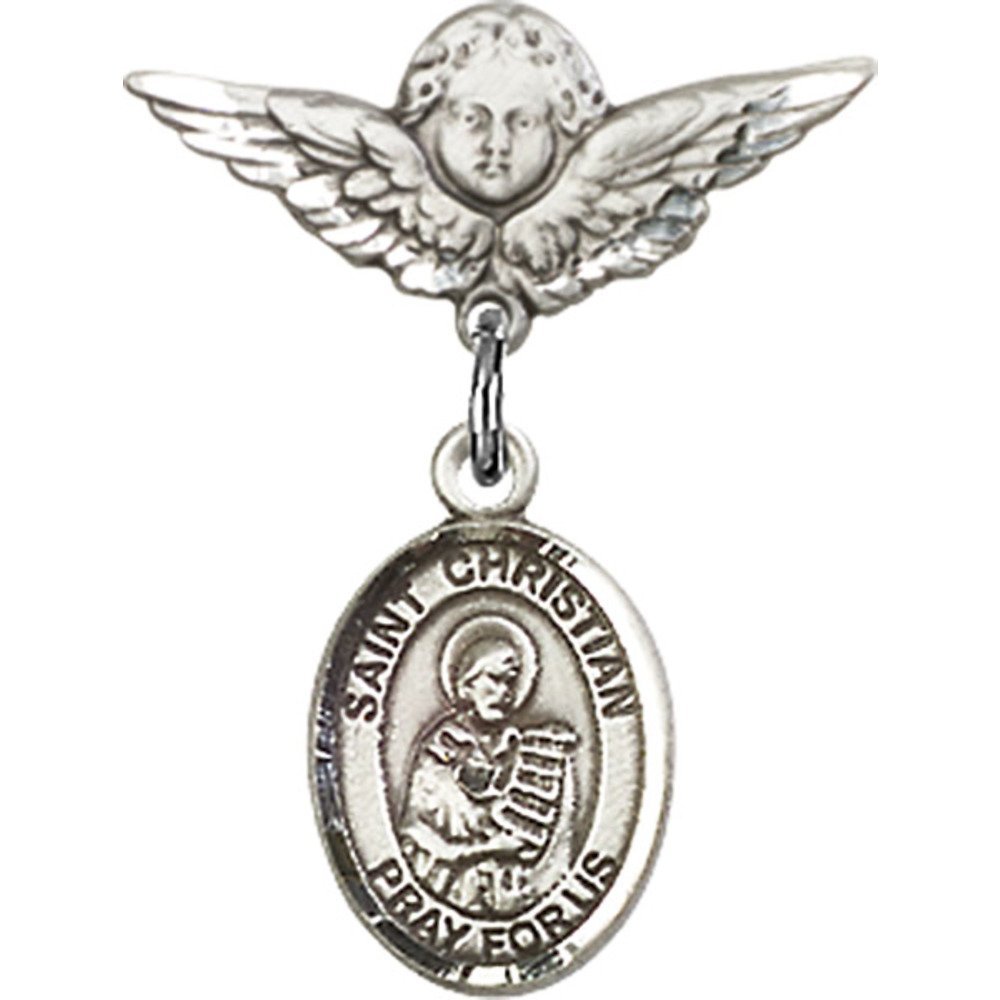 Sterling Silver Baby Badge with St. Christian Demosthenes Charm & Angel Wing Pin - 7/8