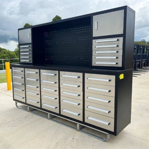 10 FT Heavy Duty Stainless Steel Workbench with 30 Drawers - Garage Storage Cabinet & Tool Organizer for Workshop, Home Garage, and Industrial Use - 30D10FTB