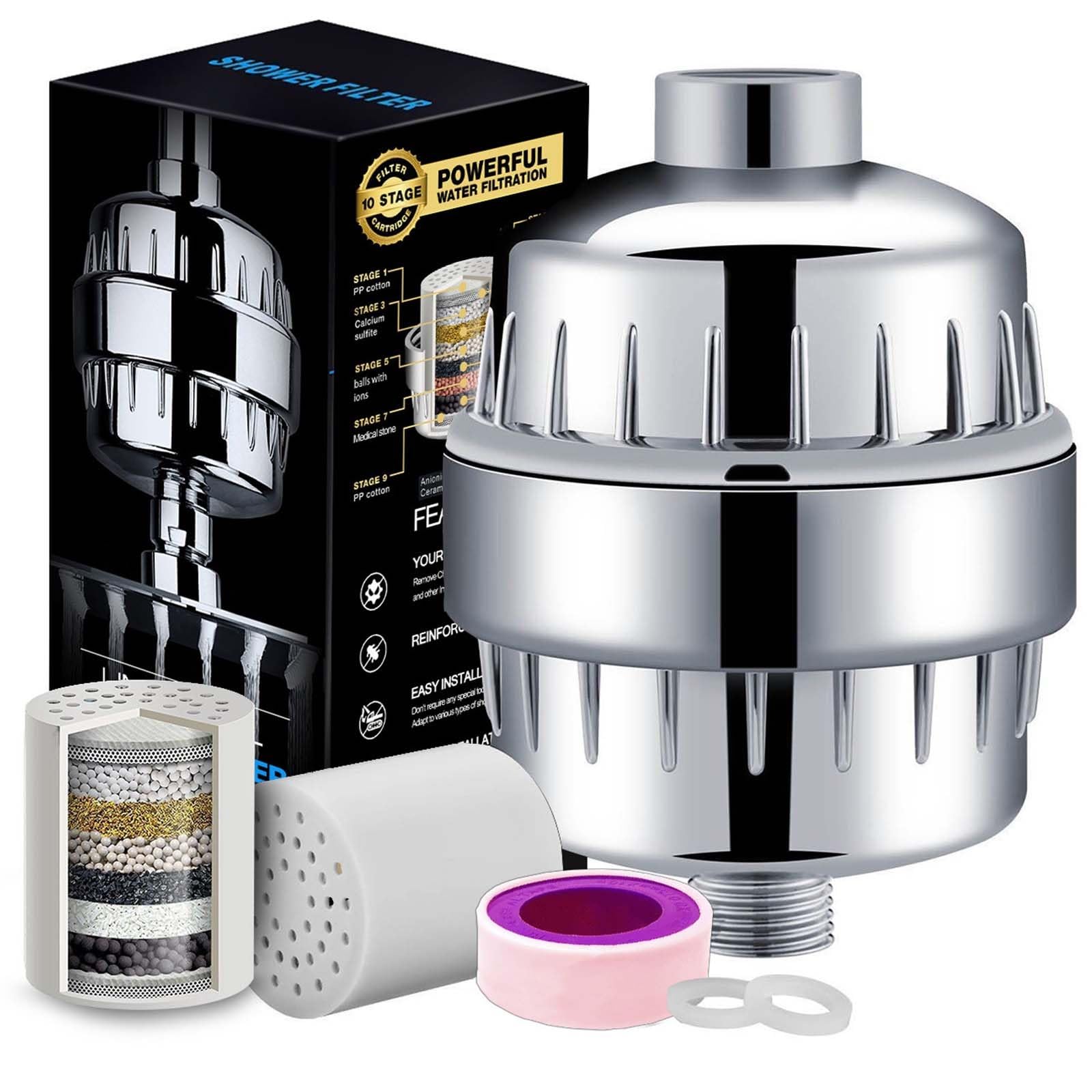 Fuyilin 15-Stage Shower Filter for Hard Water - Removes Chlorine & Fluoride - High Output Shower Head Filter with 2 Replaceable Cartridges - Polished Chrome - Perfect for Dry Skin & Hair Care in Hard Water Areas