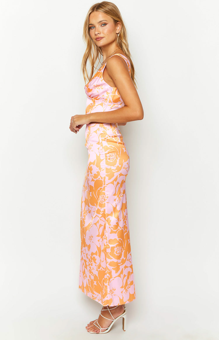 Dahlia Orange and Pink Floral Print Maxi Skirt for Women - Boho Summer Beach Dress with Pockets - Perfect for Vacations, Parties & Casual Outings