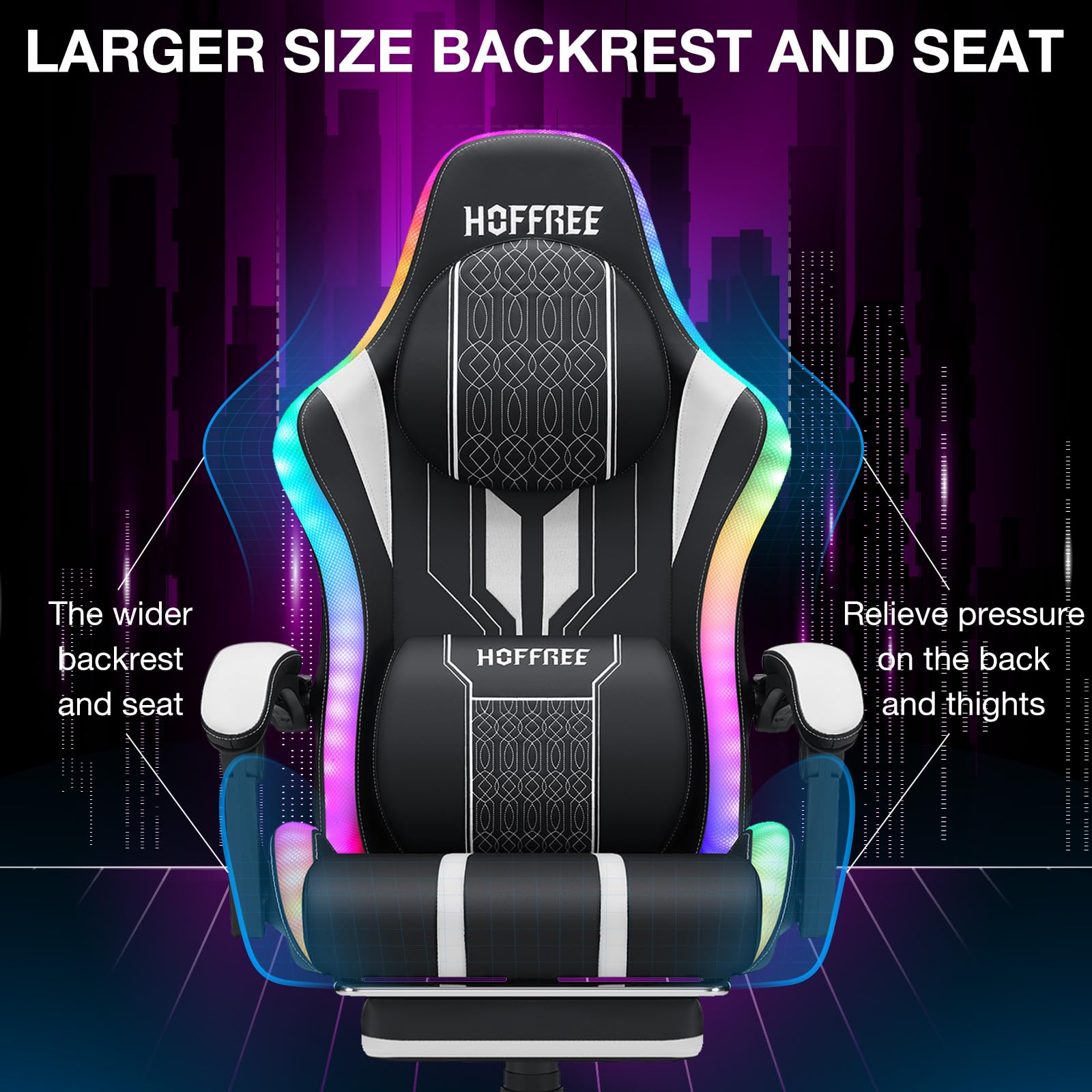 HOFFREE LED Gaming Chair with Massage & Bluetooth Speakers - Big and Tall 400lbs Capacity Reclining Office Chair with Footrest - Ergonomic High Back Computer Desk Chair (White & Black) - Perfect for Gaming, Streaming, and Home Office Work