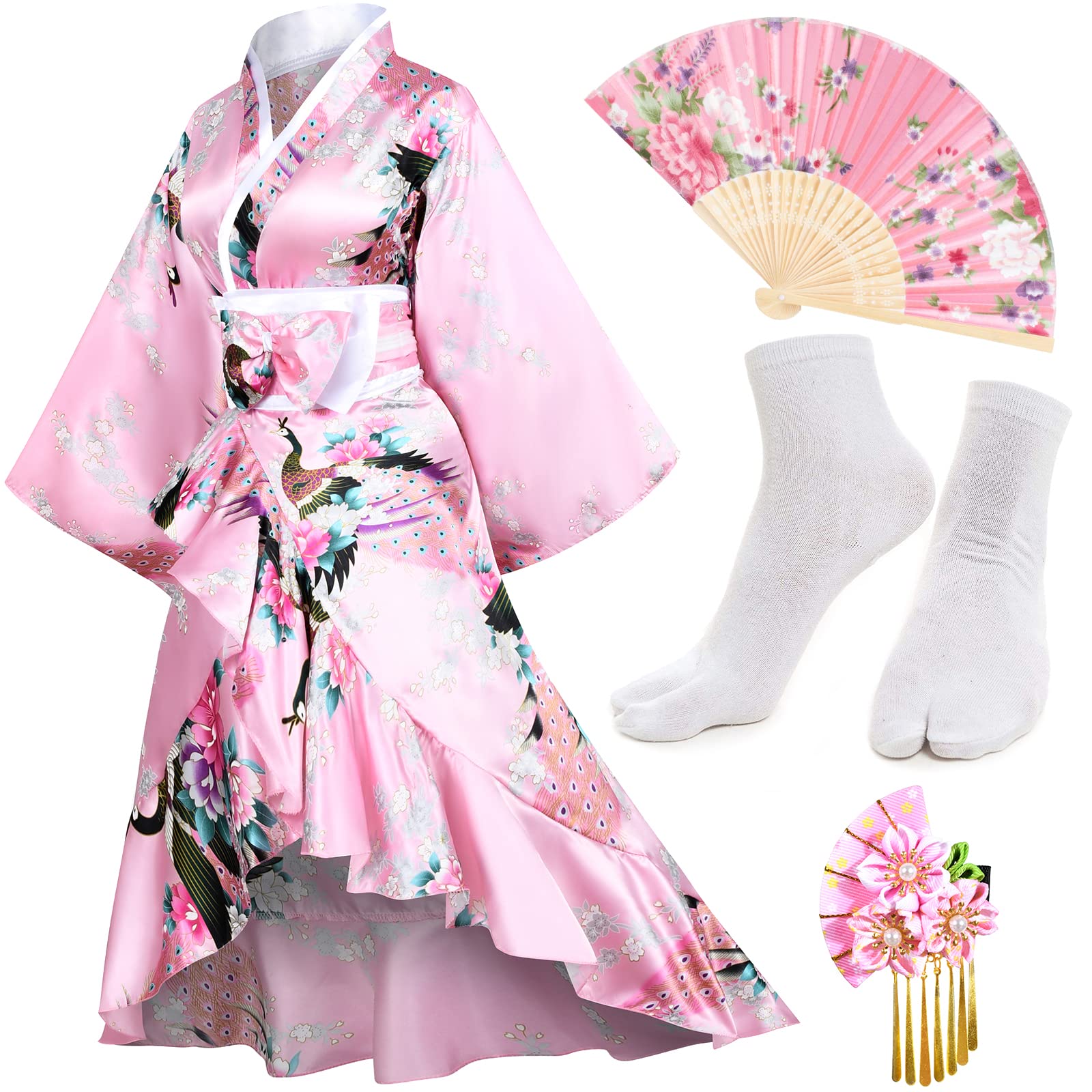Women's Kimono Robe & Yukata Dress Set - Floral Satin Bathrobe with Ruffle Sleeves & Tabi Socks - Japanese Geisha Style Sleepwear for Spa, Lounge & Cosplay