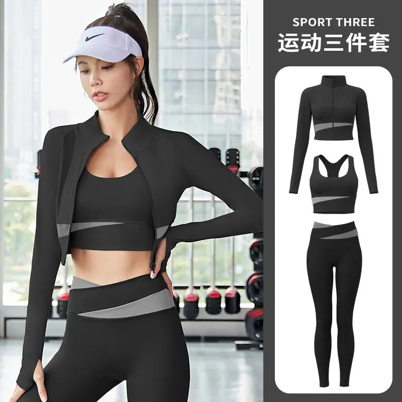 Women's 3-Piece Yoga Set - Patchwork Gym Coats, Sports Bra & Leggings - Workout Running Fitness Outfit for Women - Perfect for Yoga, Gym & Activewear