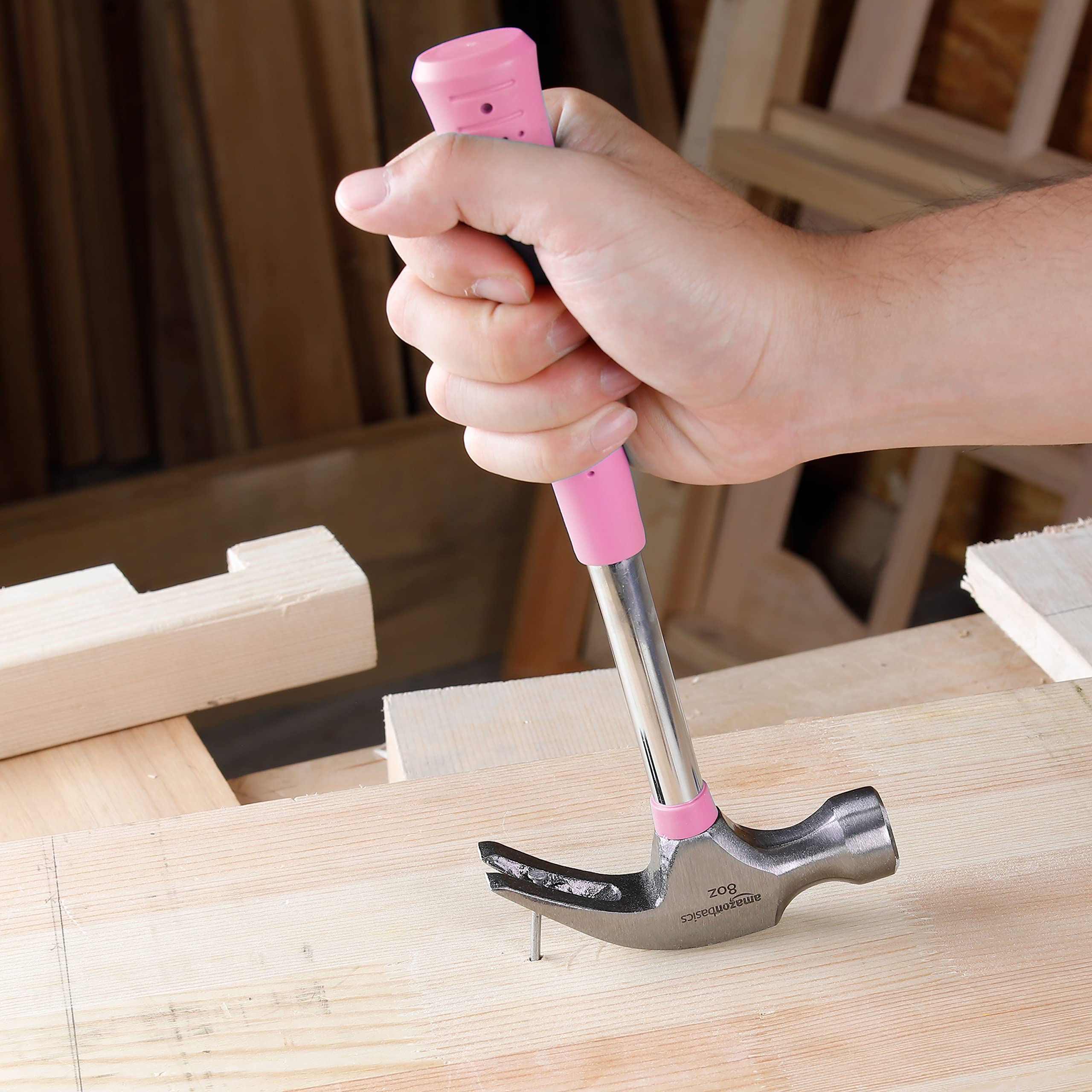 Amazon Basics 8 oz Pink Hammer - Lightweight Claw Hammer for Home DIY Projects, Woodworking, and Small Repairs - Perfect for Hanging Pictures, Assembling Furniture, and Crafting
