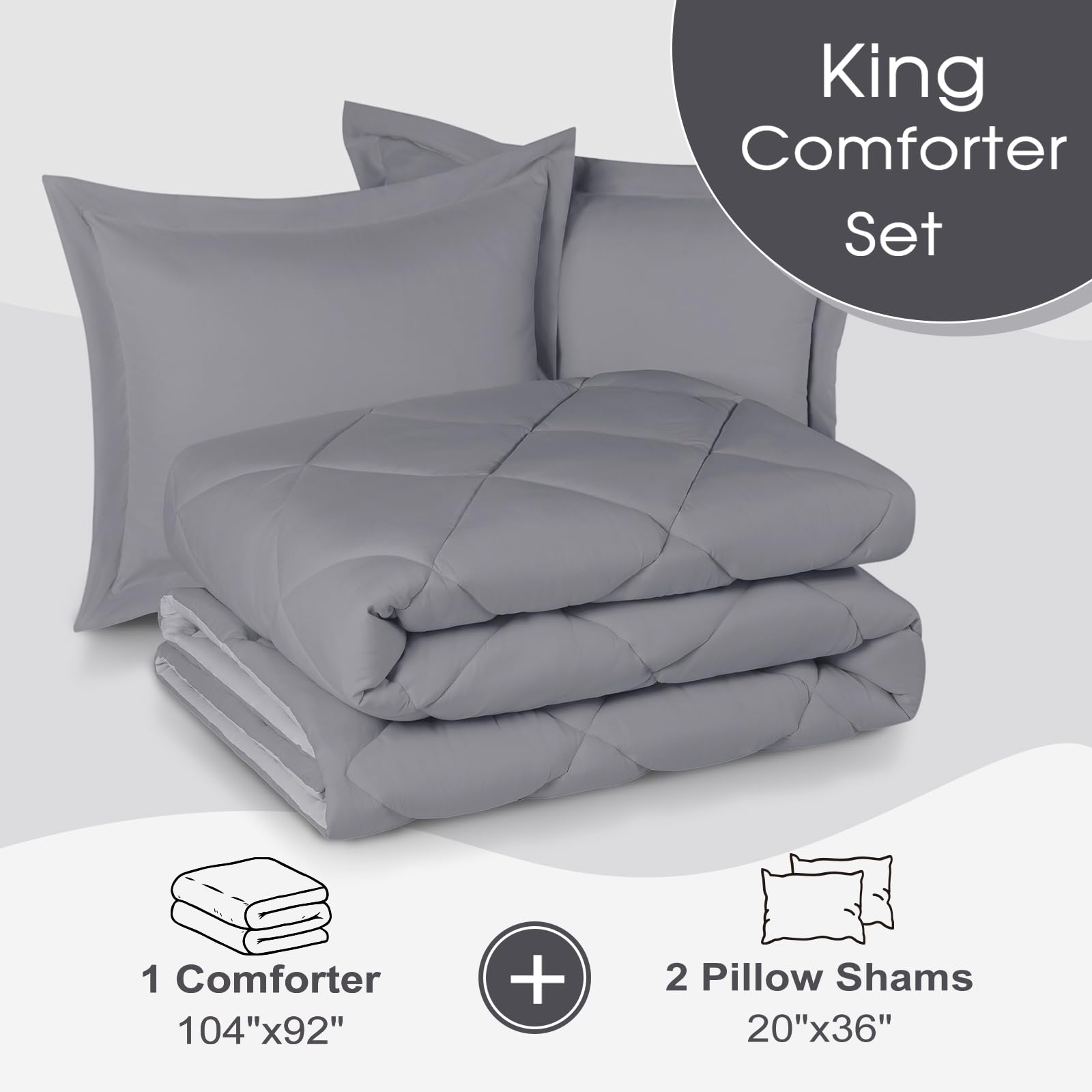 Premium King Size Comforter Set - All Seasons Reversible Grey & Charcoal Gray Bedding, 1 Comforter (104