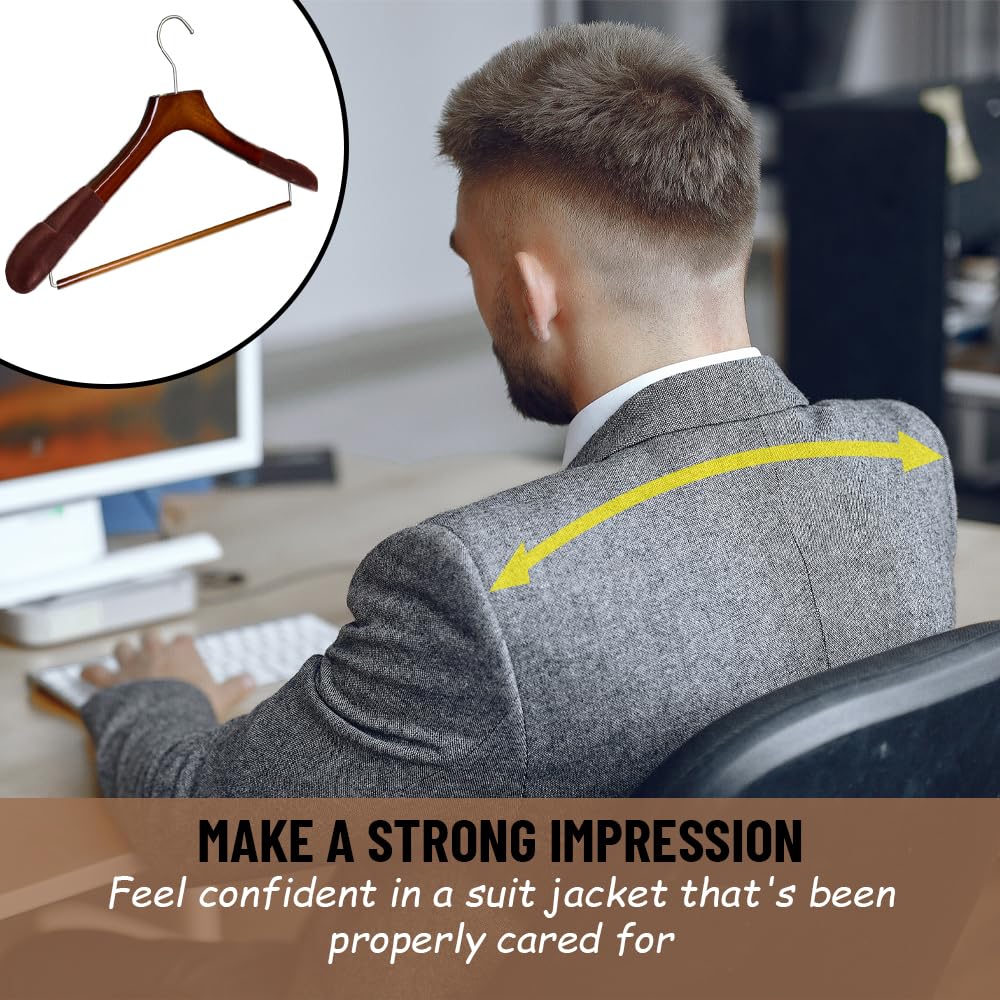 Premium Wooden Hangers with Rollbar - Heavy Duty Non-Slip Coat Hangers for Suits & Pants - Wide Shoulder Design - High Gloss Mahogany with Brown Velvet (12 Pack) - Perfect for Closet Organization & Luxury Garment Storage