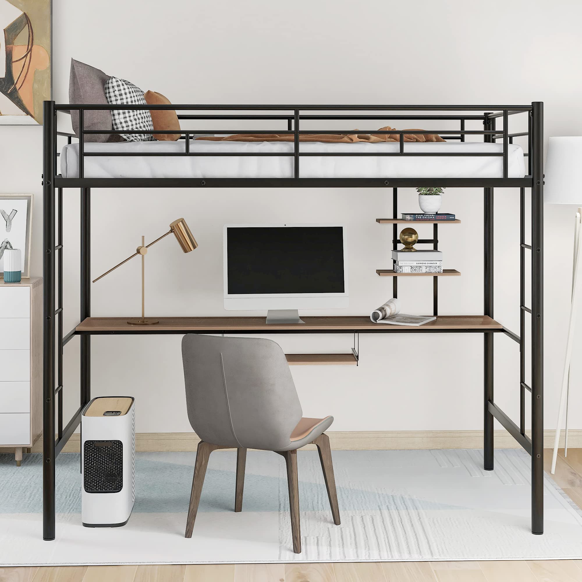 Merax Twin Size Metal Loft Bed with Long Desk & Keyboard Holder - Space-Saving Study Bed with 2 MDF Shelves, Full Guardrail & Ladder - Perfect for Small Rooms, Dorms & Home Offices (Black)