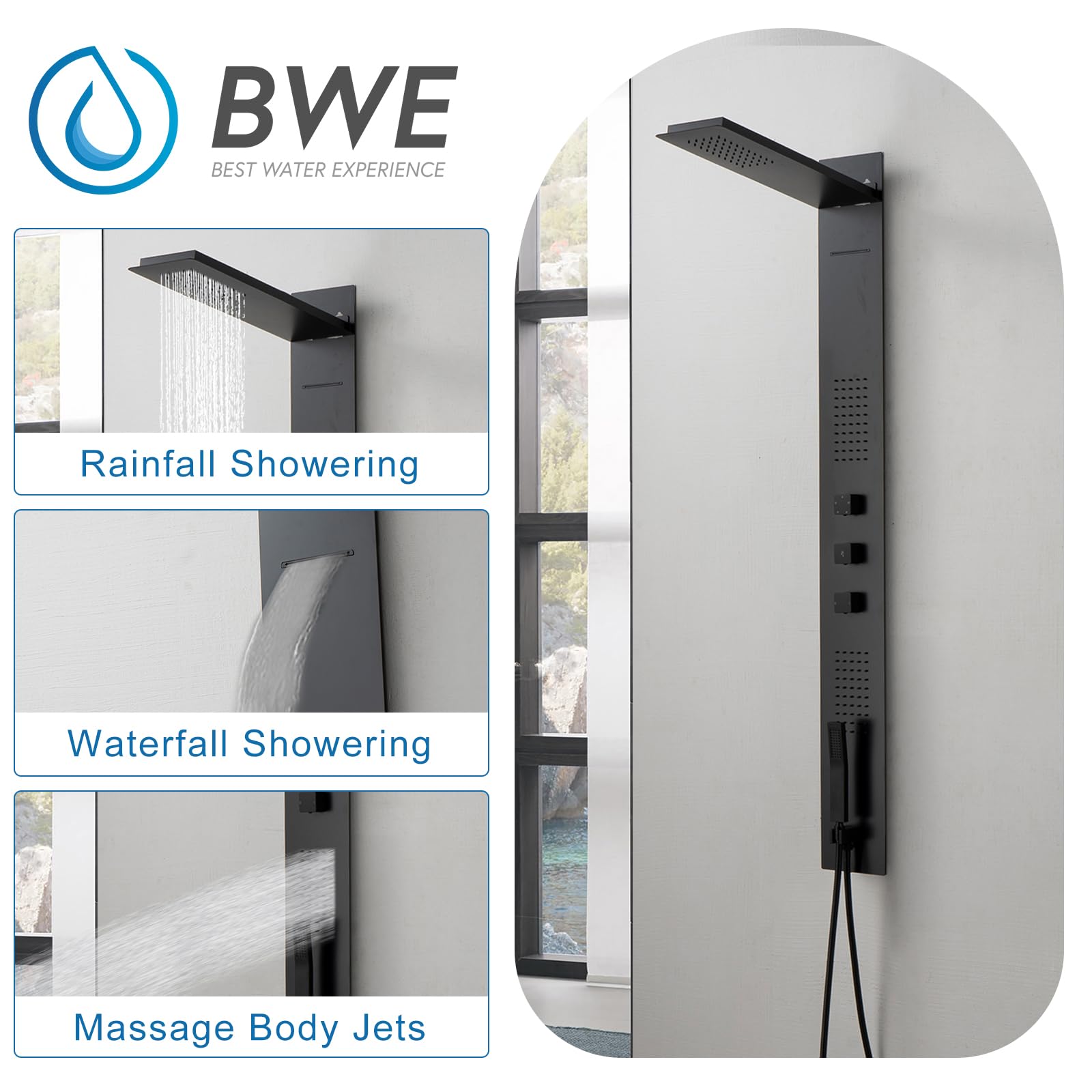 BWE Modern Rainfall Shower Panel Tower System - 304 Stainless Steel Multi-Function Shower Tower with 2 Powerful Body Jets & Handheld Showerhead (Black) - Perfect for Spa-Like Bathroom Upgrades and Luxury Shower Experience