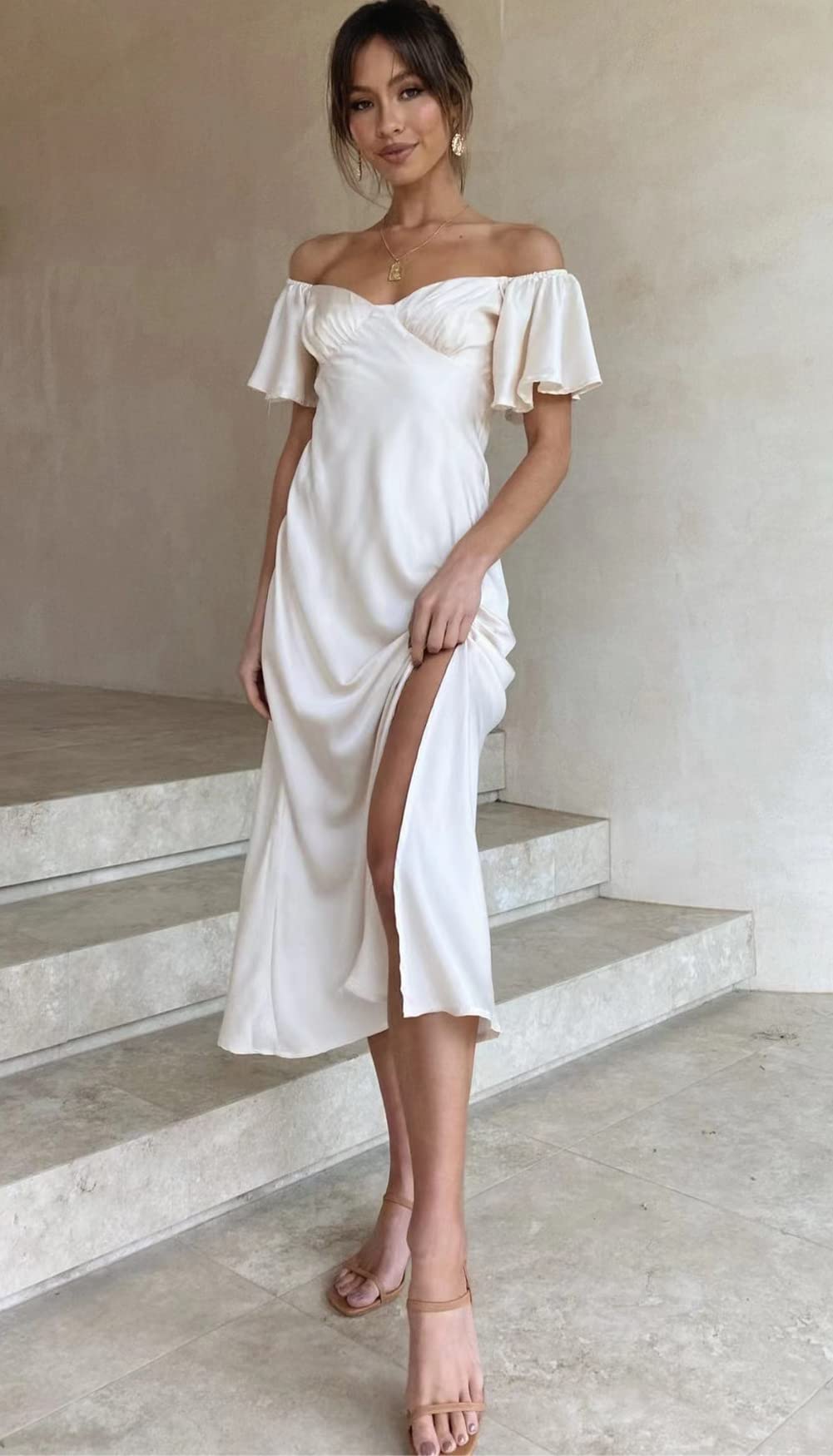 2025 Summer Women's Satin Off Shoulder Formal Dress - Elegant Butterfly Sleeve Cocktail Midi Dress for Wedding Guest, Prom & Special Occasions | Split Design for Comfort & Style