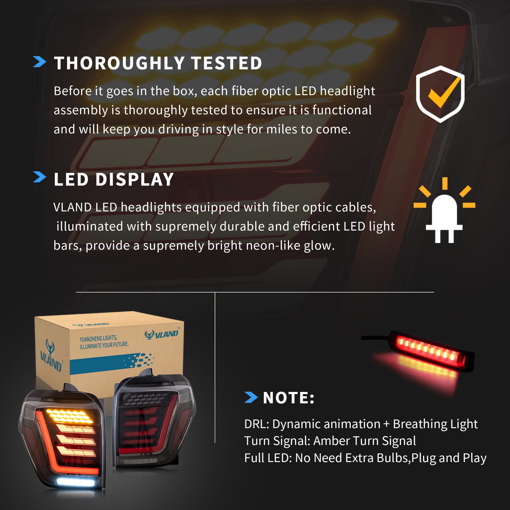 VLAND LED Tail Lights for Toyota 4Runner 2014-2021 - Dynamic Animation Running Lights with Clear Lens - Left & Right Pair - Upgrade Your 4Runner's Rear Lighting for Night Driving & Enhanced Style