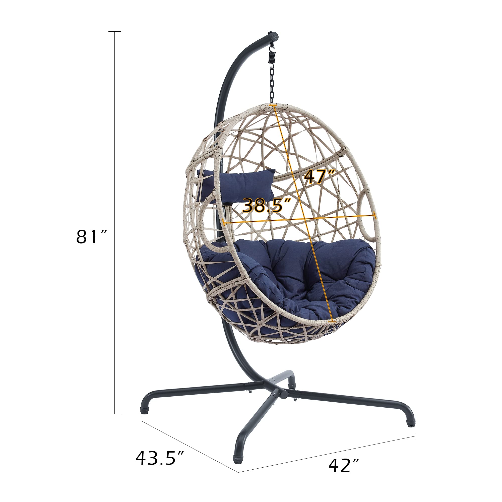 Ulax Egg Hanging Swing Chair with Stand - Outdoor Patio Wicker Hammock Chair with Cushion - Navy Blue Hanging Lounge Chair for Garden, Balcony & Backyard Relaxation