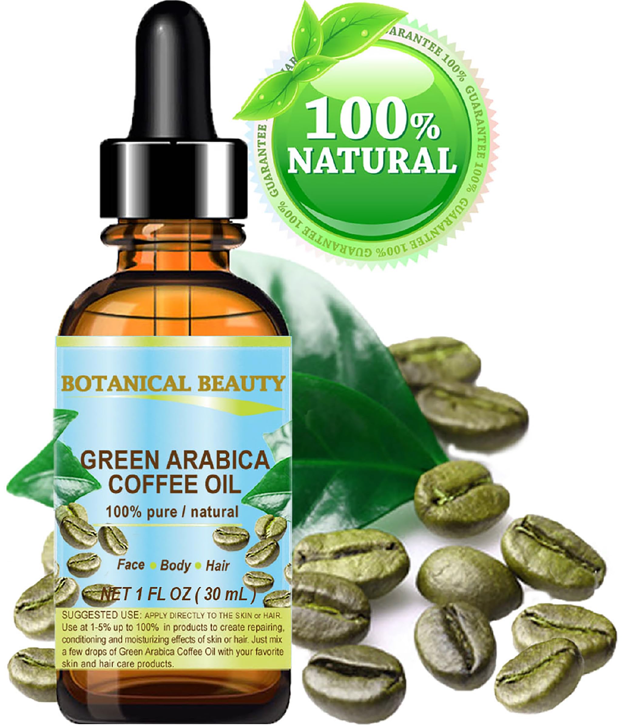 Pure Brazilian Green Arabica Coffee Oil - 100% Virgin Unrefined for Face, Skin, Hair & Nails - 1 Fl.oz (30ml) Anti-Aging Facial Oil - Natural Beauty Treatment for Dry Skin & Hair Care