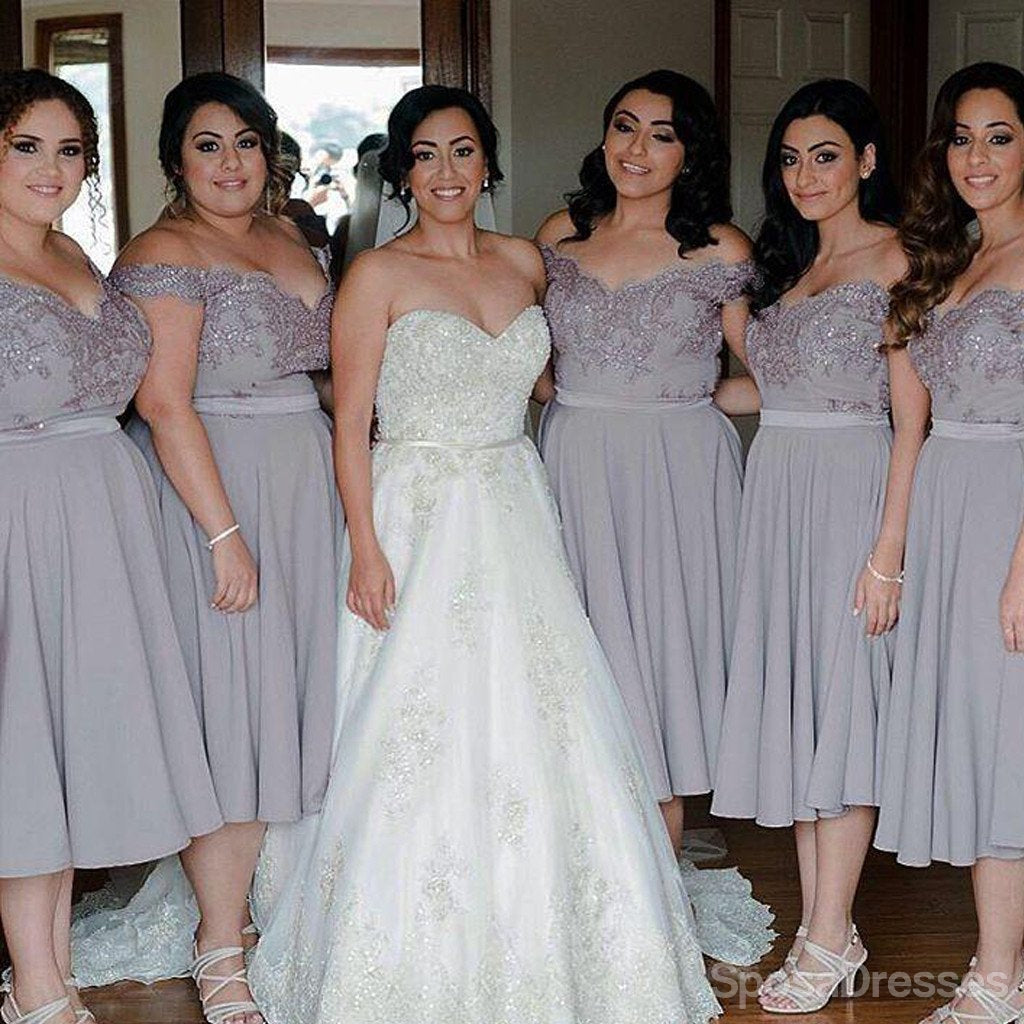 Elegant Cap Sleeve Off Shoulder Tea Length Chiffon Lace Grey Bridesmaid Dress WG134 - Perfect for Weddings, Formal Events & Special Occasions