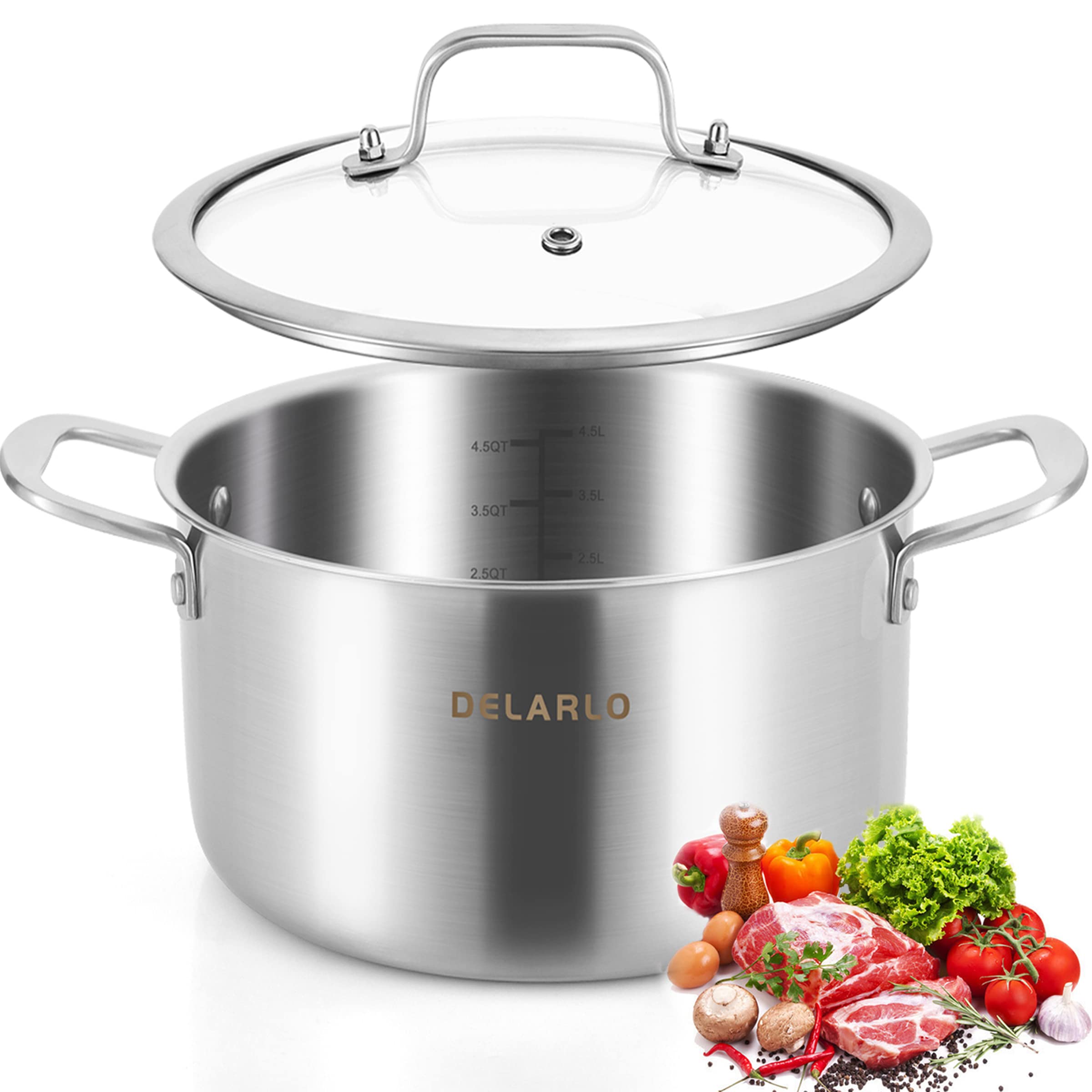 **DELARLO 5 Quart Tri-Ply Stainless Steel Stock Pot with Lid – Heavy Duty Soup & Stew Pot for All Stoves (Up to 600°F) – 20% Fuel Efficient, Fast & Even Heating – Perfect for Soups, Stews, Pasta & Large Family Meals**