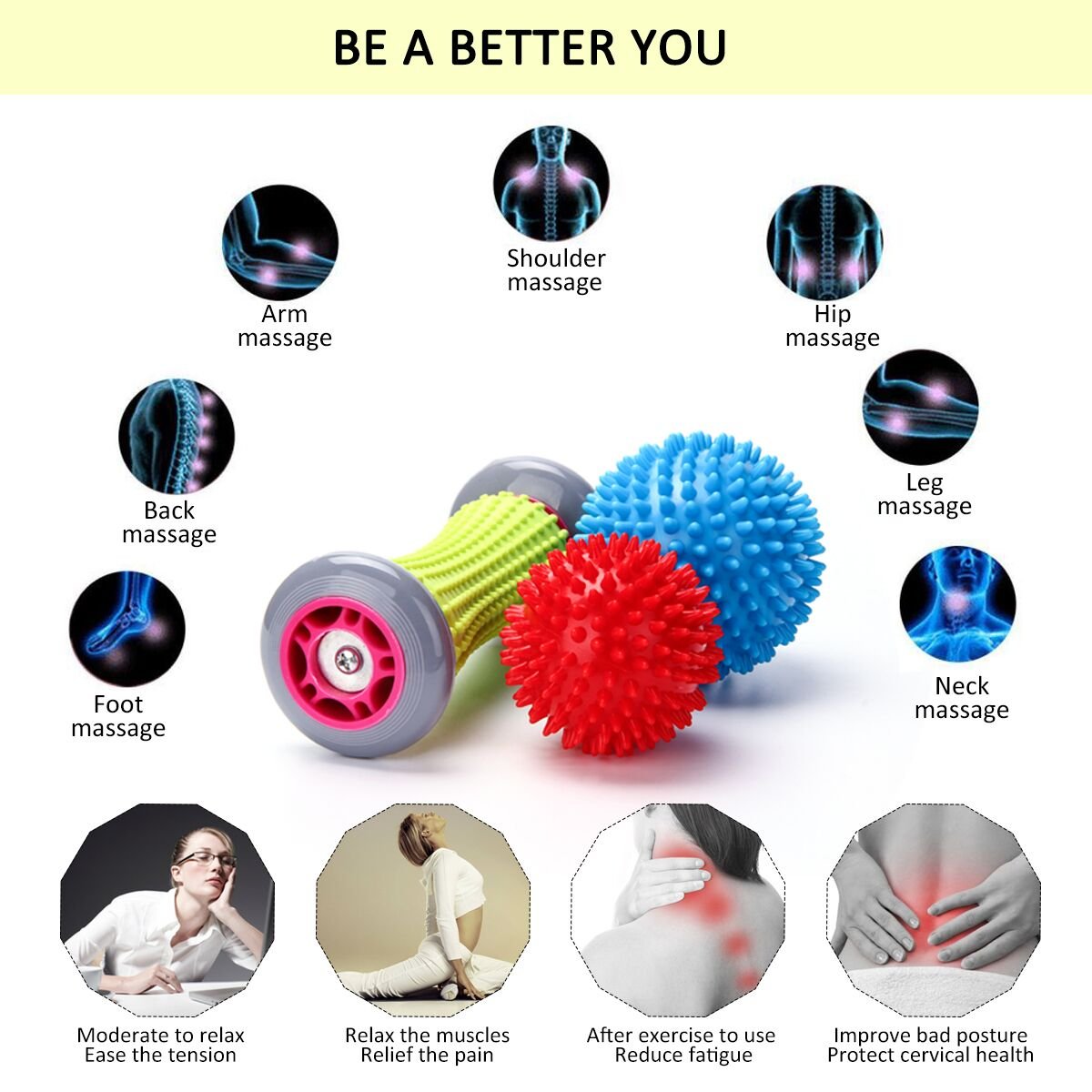 Rightwell® Foot Massager Roller & Spiky Balls Set - Plantar Fasciitis Relief, Muscle Recovery Tool for Feet, Wrists & Forearms - Includes 1 Roller Stick + 2 Massage Balls - Perfect for Post-Workout Recovery, Office Stress Relief & Home Relaxation Therapy