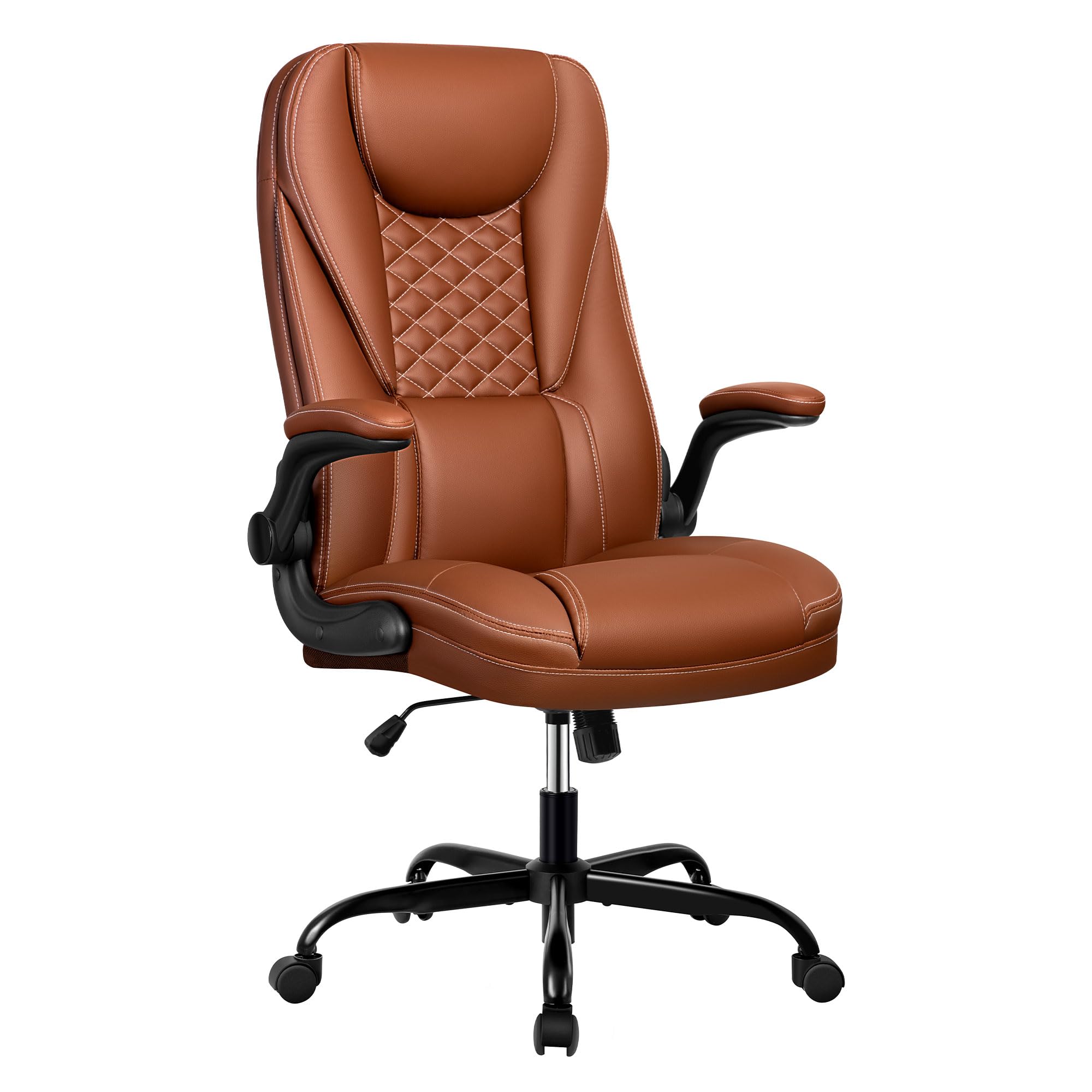 Premium Big and Tall Executive Office Chair - Ergonomic Leather High Back Chair with Lumbar Support & Adjustable Flip-Up Arms - Home Office Desk Computer Chair (Brown) - Perfect for Long Work Hours & Gaming Sessions