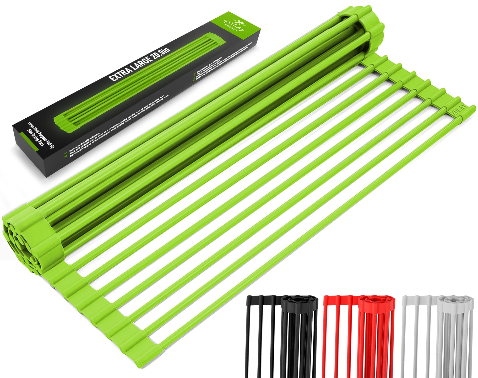Zulay Kitchen Large Roll Up Dish Drying Rack - Heavy Duty Silicone Wrapped Steel Rods Over Sink Dish Drying Rack - Versatile Roll Up Sink Drying Rack & Trivet - Green, 20.5 x 13 Inches - Perfect for Small Kitchens, Apartments, and RV Use