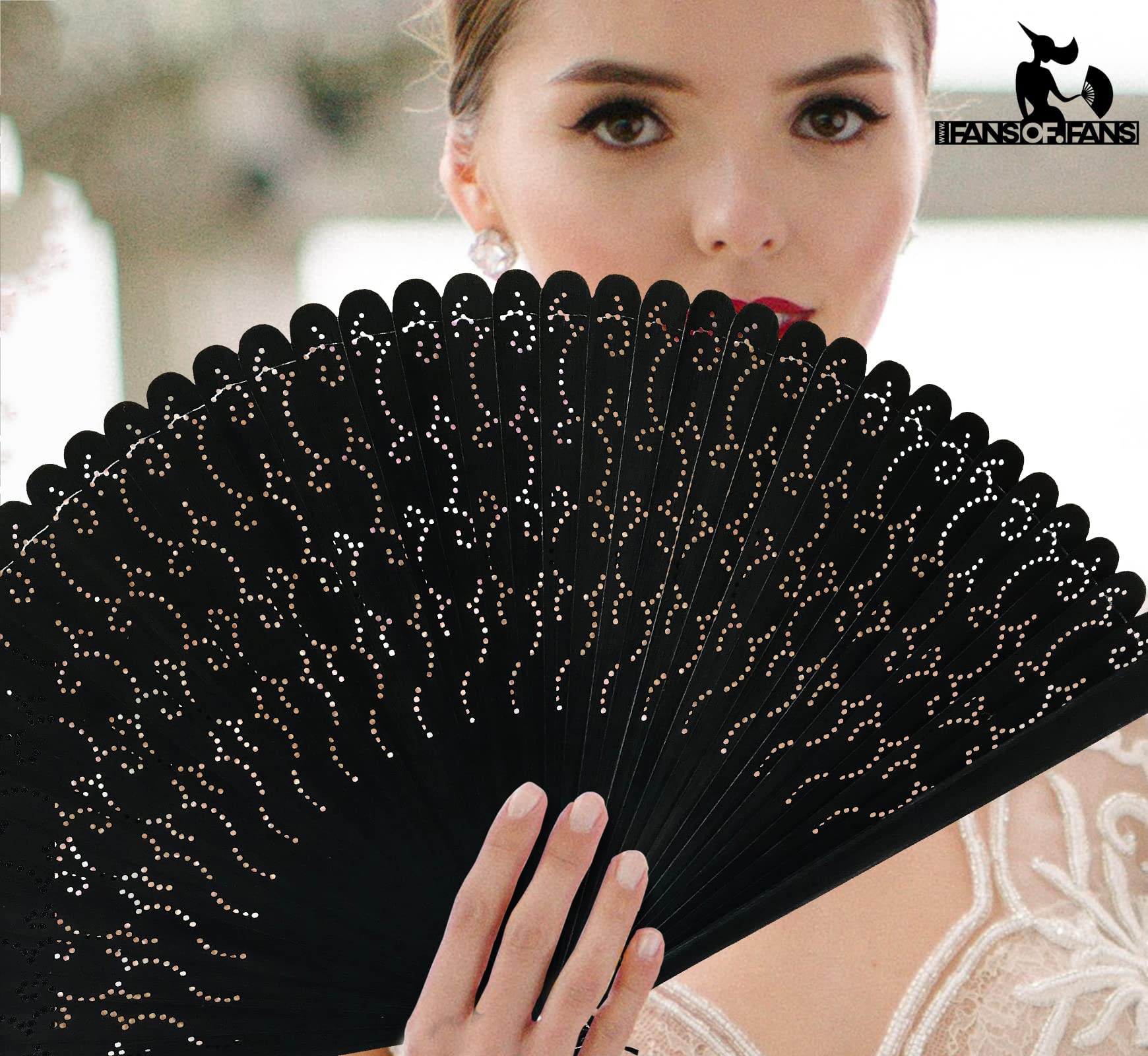 Premium Handheld Fan - Elegant Black Carved Bamboo Wood Folding Fan with Pouch (HQF16) | Perfect for Weddings, Parties, and Summer Cooling | Traditional Chinese Style Decorative Gift