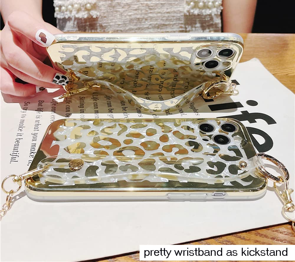 Sparkly Golden Leopard Print iPhone 12 Case for Women & Girls - Glitter Cheetah Design with Wrist Strap & Metal Chain - Trendy Protective Phone Cover for School, Work, and Everyday Use