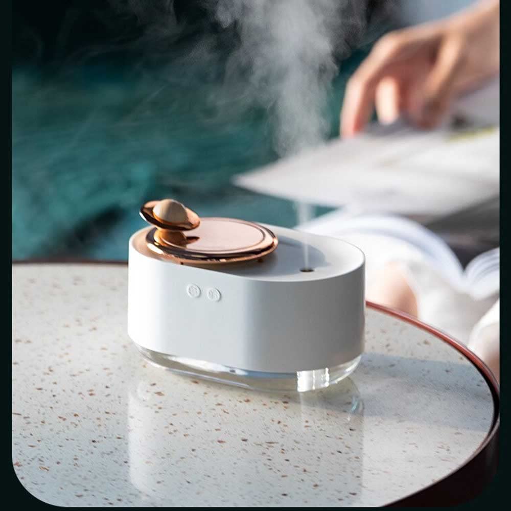 Portable Small Humidifier with Night Light - USB Personal Desktop Rotating Planet Humidifier for Bedroom, Office, Nursery & Nightstand - Perfect for Dry Air Relief, Baby Care & Better Sleep (White)