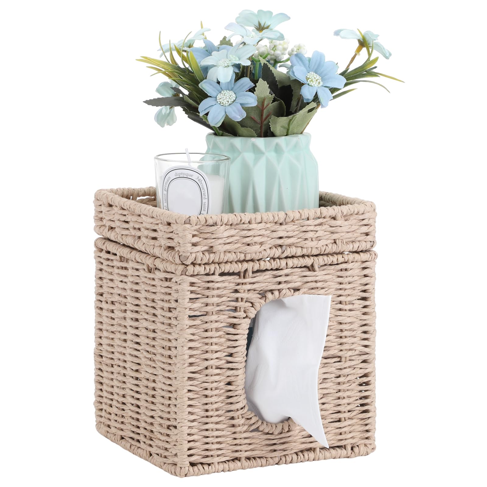 Premium Woven Tissue Box Cover with Storage Tray - 6