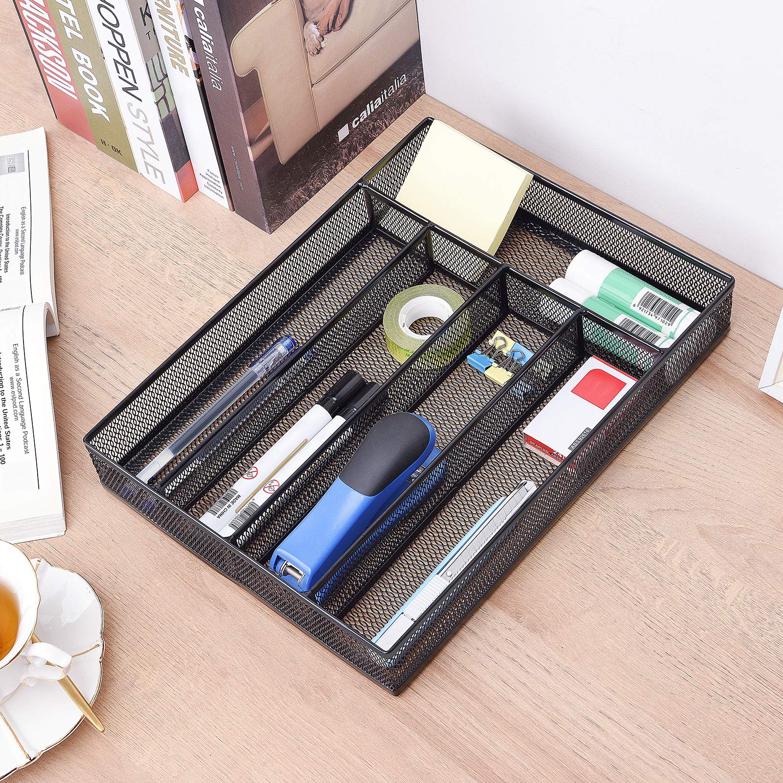 5 Compartment Mesh Drawer Organizer Tray - Office Desk Storage for Art Supplies, Stationery, Makeup & Jewelry - Black (Perfect for Home, Office & Craft Room Organization)