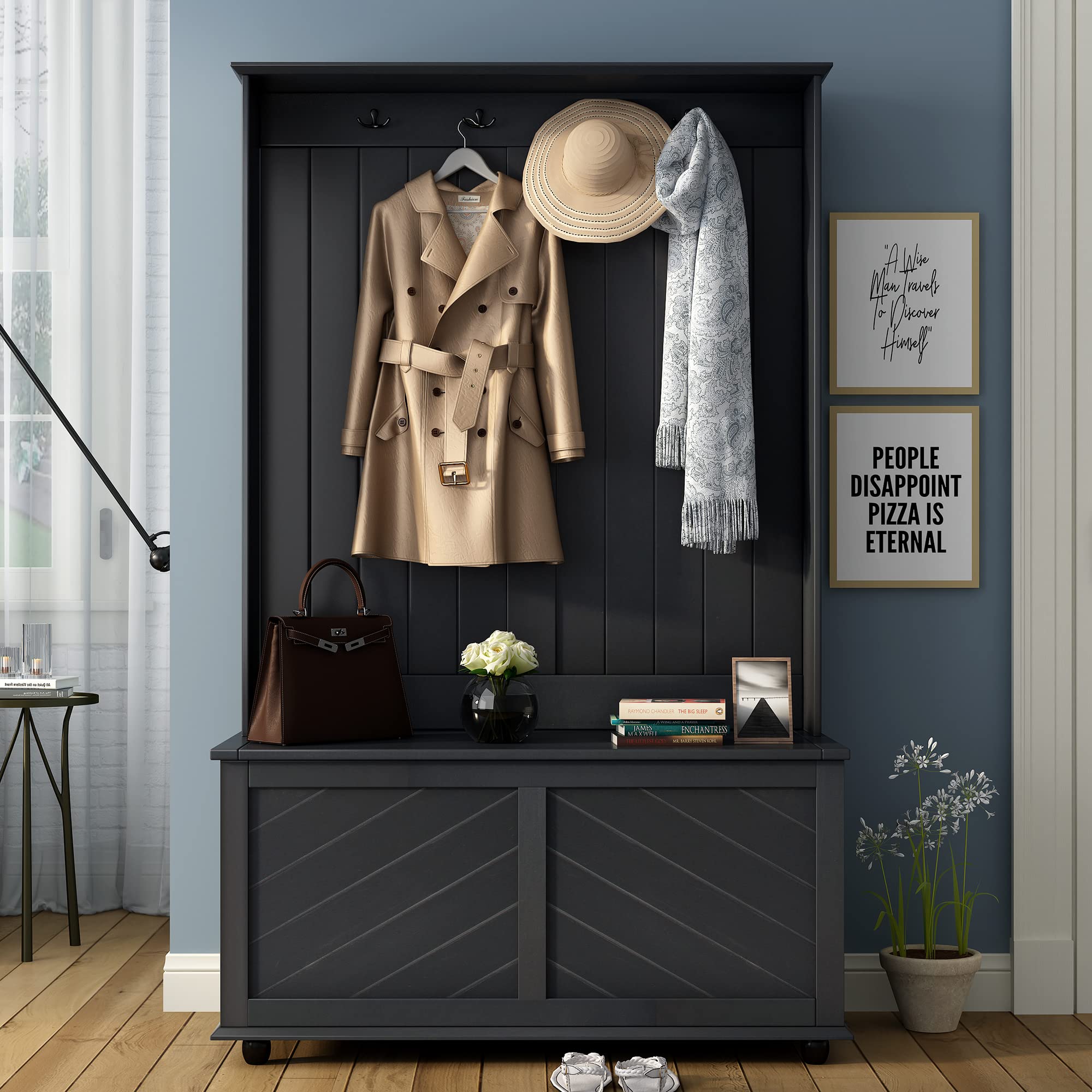 3-in-1 Hall Tree Clothes Rack with 4 Hooks, Coat Hanger & Entryway Storage Bench - Space Saving Organizer for Entrance, Hallway or Mudroom (Black II) - Perfect for Small Spaces, Apartments & Home Entry Organization