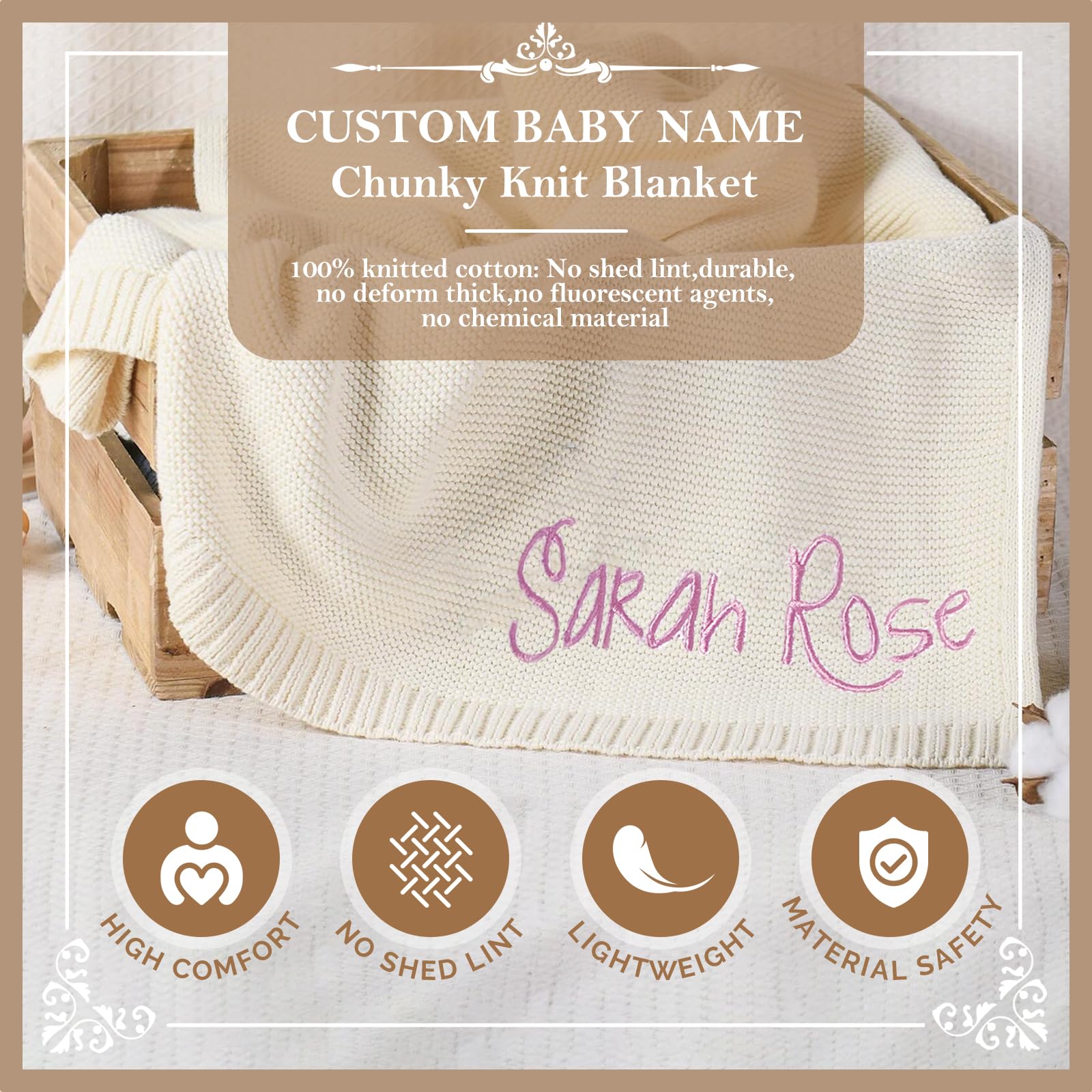 Personalized Baby Blanket with Embroidered Name - Custom Knit Nursery Blanket for Newborns, Boys & Girls - 42