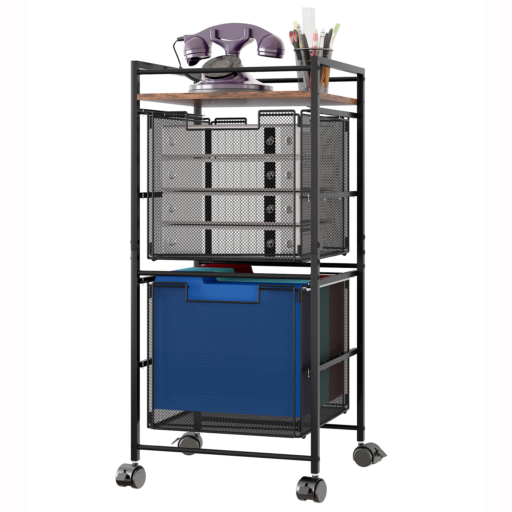 Mobile File Cart with 2 Drawers & Wheels - Home Office & Classroom Storage - Rustic Brown