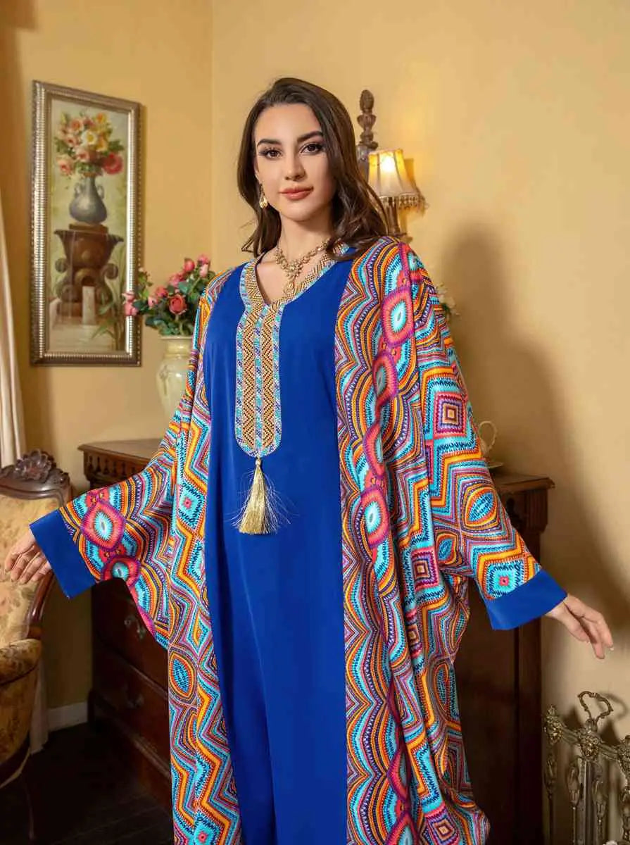 Elegant Eid Dress with Batwing Sleeves & Rhinestone Embellishments - Farasha Caftan Kaftan Jalabiya Dress for Women | Perfect for Eid Celebrations, Weddings & Special Occasions