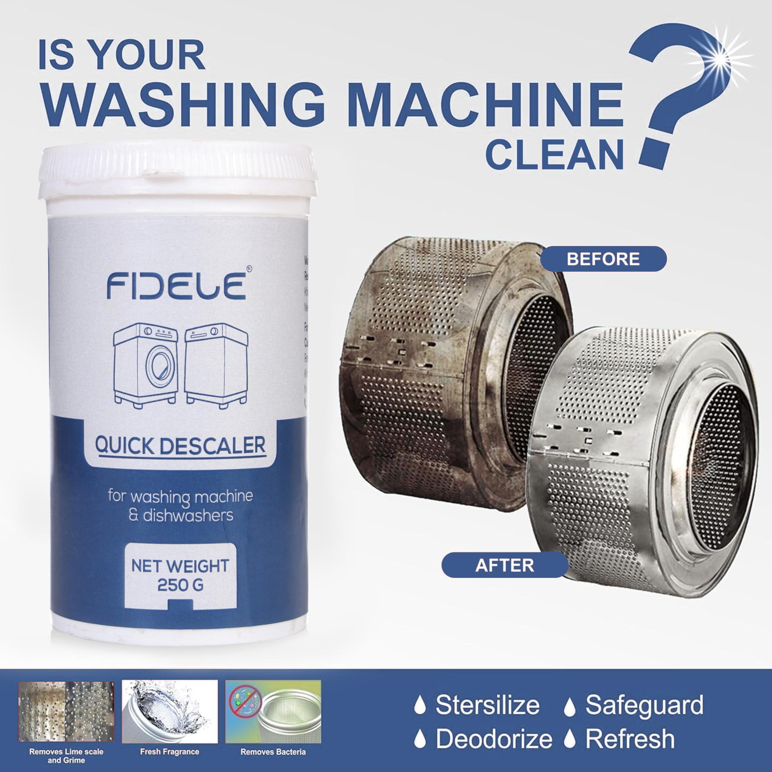 FIDELE Washing Machine and Dishwasher Descaler Powder - 250g Limescale Remover for Top Load & Front Load Fully Automatic Washers - Eliminates Odors & Build-Up - Perfect for Laundry & Kitchen Appliances Maintenance