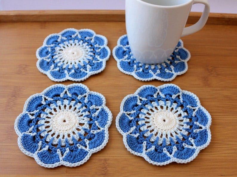 Handmade Crochet Doily Coasters Set of 6 - Blue and White Cotton Coasters - Perfect for Tea Cups, Coffee Mugs & Home Decor - Made to Order