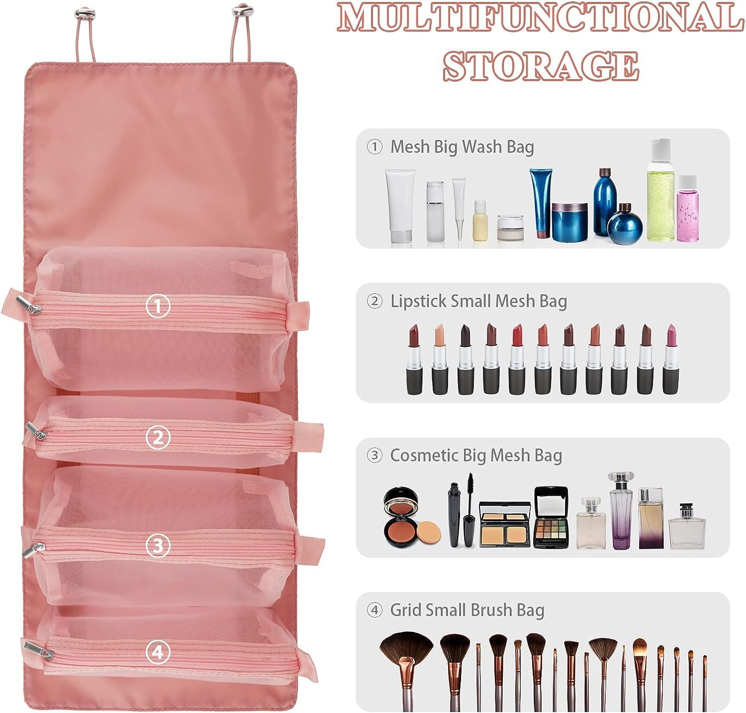INKULTURE 4-in-1 Detachable Makeup Organizer Bag - Waterproof Polyester Travel Cosmetic Case for Women, Pink Toiletry Pouch with Multiple Compartments | Perfect for Travel, Gym, Daily Use & Gift Giving