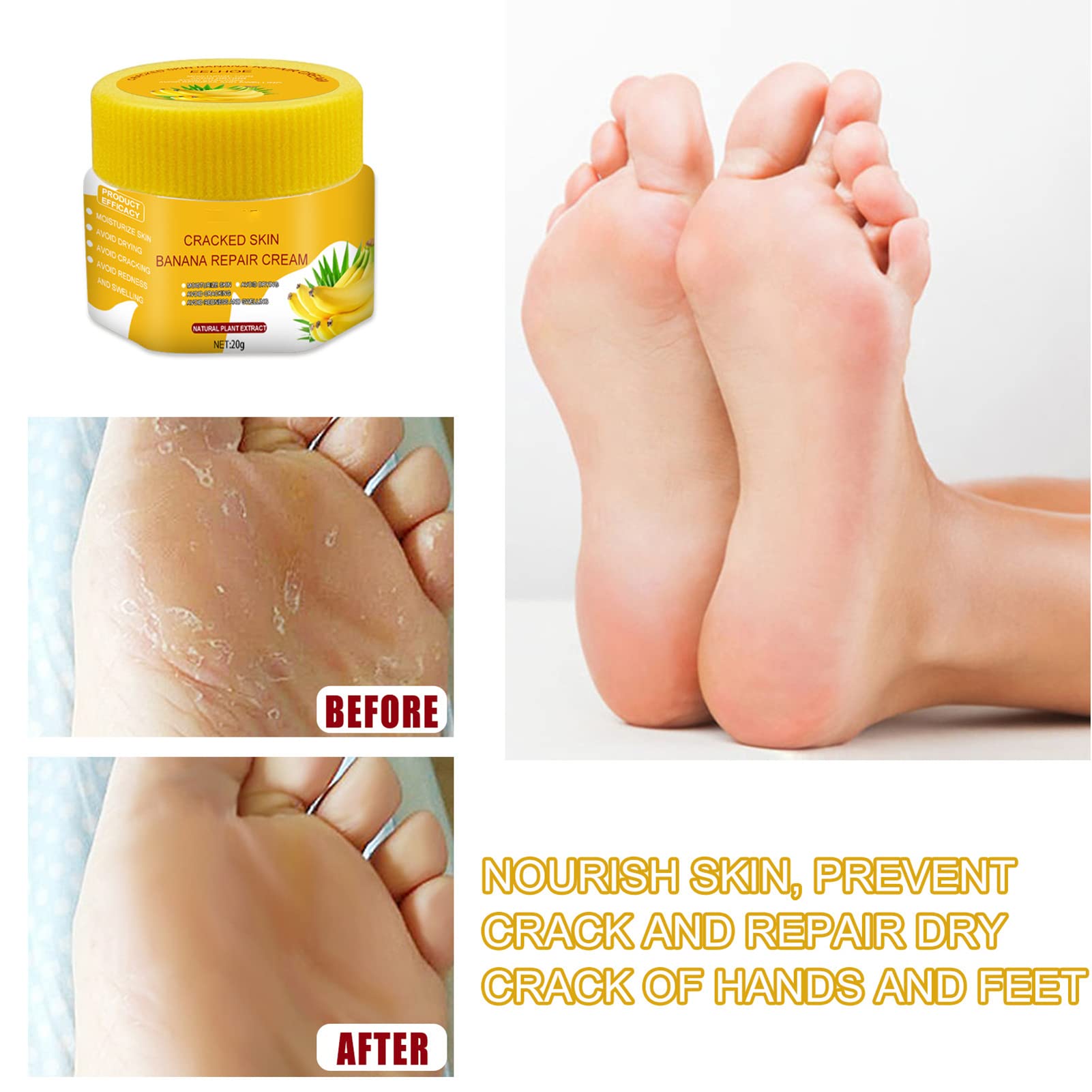 Banana Foot Repair Cream for Dry Cracked Feet - Natural Moisturizing Foot Cream for Cracked Heels & Rough Skin - Best Foot Care for Cracked Skin Treatment - Perfect for Dry Winter Feet & Post-Pedicure Care (1PCS)