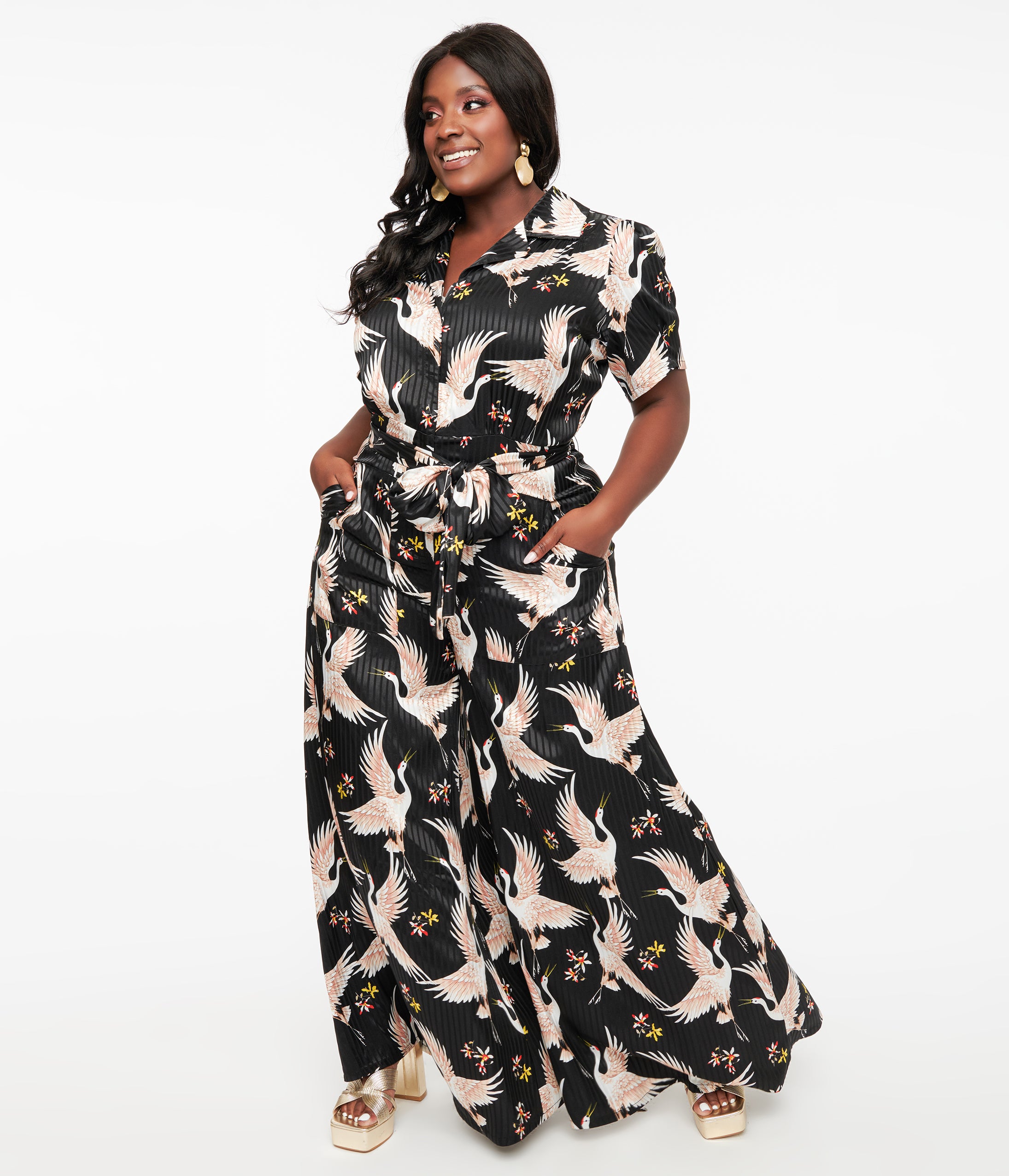 Vintage 1940s Black & White Cranes Print Flare Jumpsuit - Retro Swing Dance Outfit for Women | Perfect for Themed Parties, Swing Dancing & Vintage Fashion Lovers