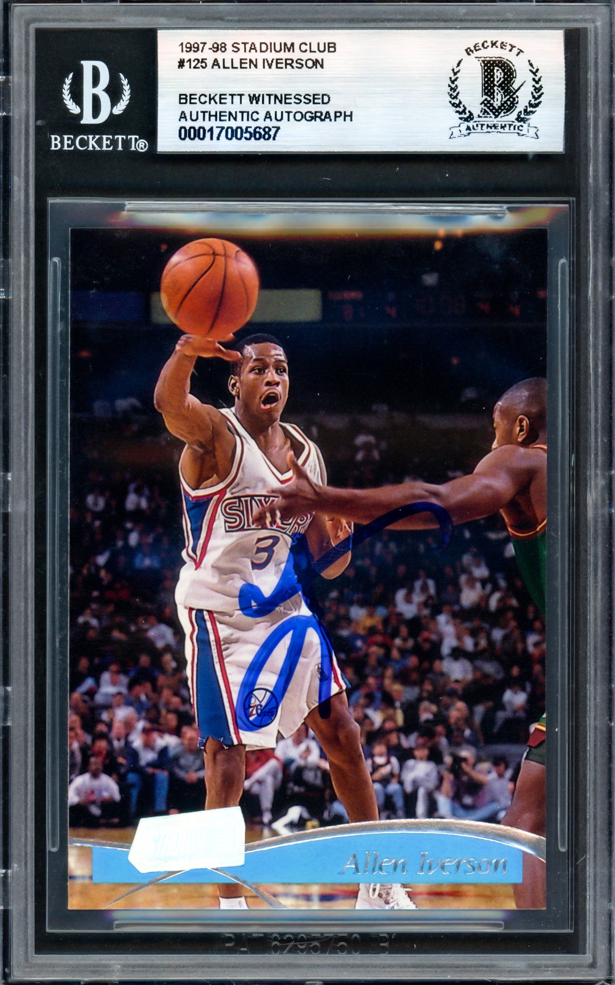 Allen Iverson Autographed 1997-98 Stadium Club Basketball Card #125 - Philadelphia 76ers Beckett BAS Witness #17005687 - Perfect for NBA Memorabilia Collectors and Sports Fans
