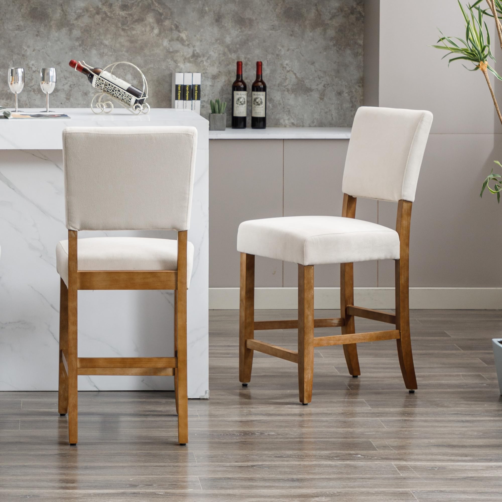 DAGONHIL 24 Inch Counter Height Bar Stools Set of 2 - Upholstered Kitchen Island Stools with Wooden Legs & Soft Towel Fabric (Beige) - Perfect for Breakfast Bars, Kitchen Islands & Home Bars