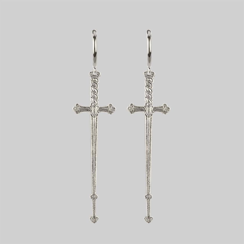 MERCY Silver Sword Hoop Earrings for Women - Gothic Punk Jewelry for Everyday Wear, Cosplay & Costume Accessories