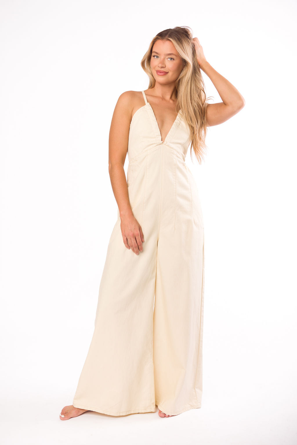 Midweek 100% Cotton Denim Jumpsuit for Women - Ivory Romper with Pockets | Casual Summer Outfit, Beach Cover-Up & Boho Festival Fashion