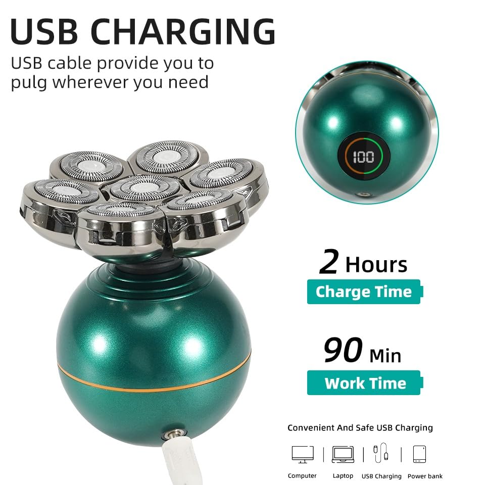 7D Floating Head Electric Shaver for Bald Men - 4 in 1 Rechargeable Body Trimmer & Facial Razor with Precision Blade (Green) - Perfect for Head Shaving, Beard Trimming & Body Grooming at Home or Travel