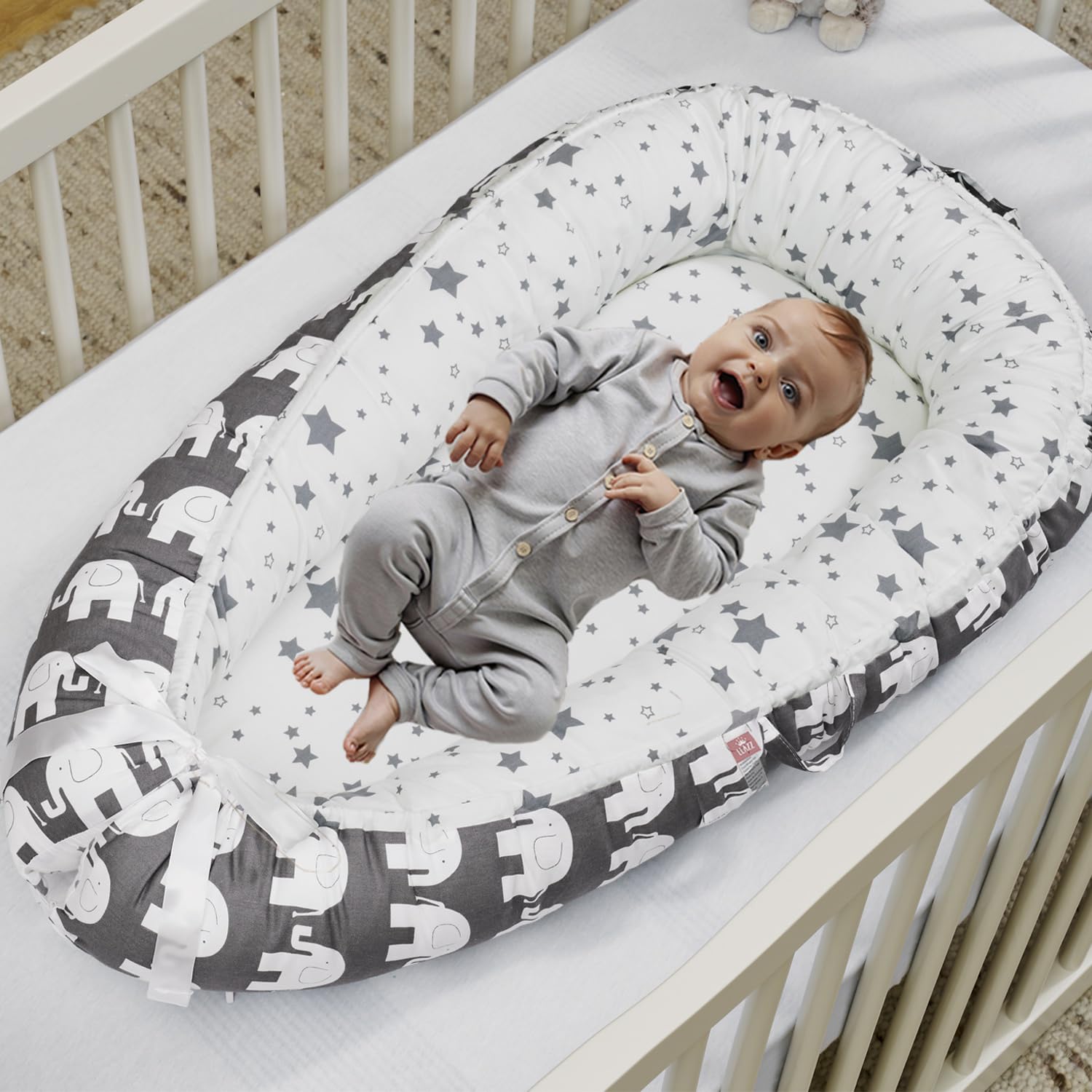 Soft Breathable Baby Lounger & Newborn Nest Bed - Portable Co-Sleeper Bassinet for Boys & Girls | Gray Elephant Design | Perfect for Nursery, Travel & On-the-Go Parenting