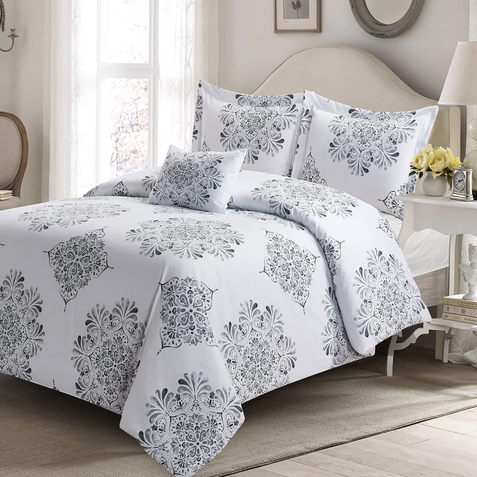 Style Quarters King Size Comforter Set - 100% Microfiber Polyester 4pc Bedding Set with European Round Medallion Design, Includes 1 Comforter, 2 Pillowcases & 1 Decorative Pillow - Perfect for Master Bedroom, Guest Room & Luxury Hotel Decor