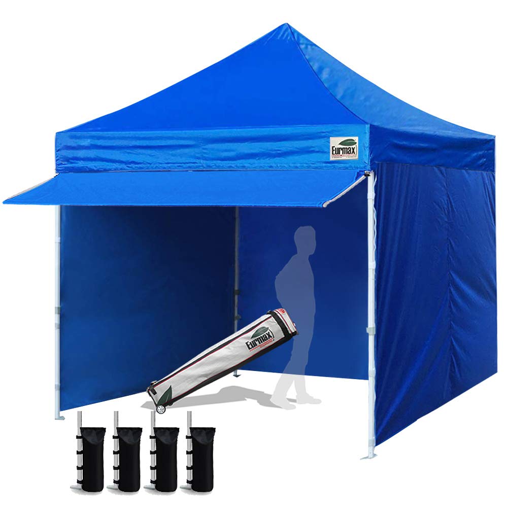 Eurmax USA 10x10 FT Pop Up Canopy Tent with 4 Removable Zippered Sidewalls, Roller Bag, 4 Sand Bags & 24 Sq Ft Extended Awning - Blue Outdoor Party Canopy for Backyard, Beach, Camping & Events