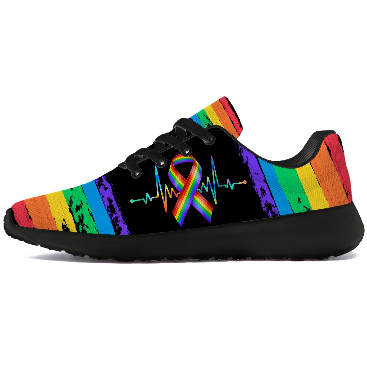 **Men's & Women's Pride Running Shoes - Lightweight Walking & Tennis Sneakers with Rainbow Ribbon & LGBT Heart Design - Perfect Gifts for LGBTQ+ Community - Size 9.5 Men/11 Women (Black) - Ideal for Pride Parades, Workouts & Casual Wear**