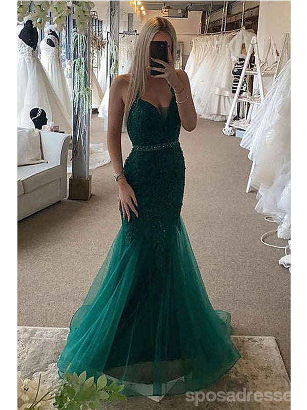 Emerald Green Mermaid Prom Dress with Spaghetti Straps & V-Neck | Elegant Long Formal Gown for Homecoming, Wedding, and Special Occasions | Style 12862