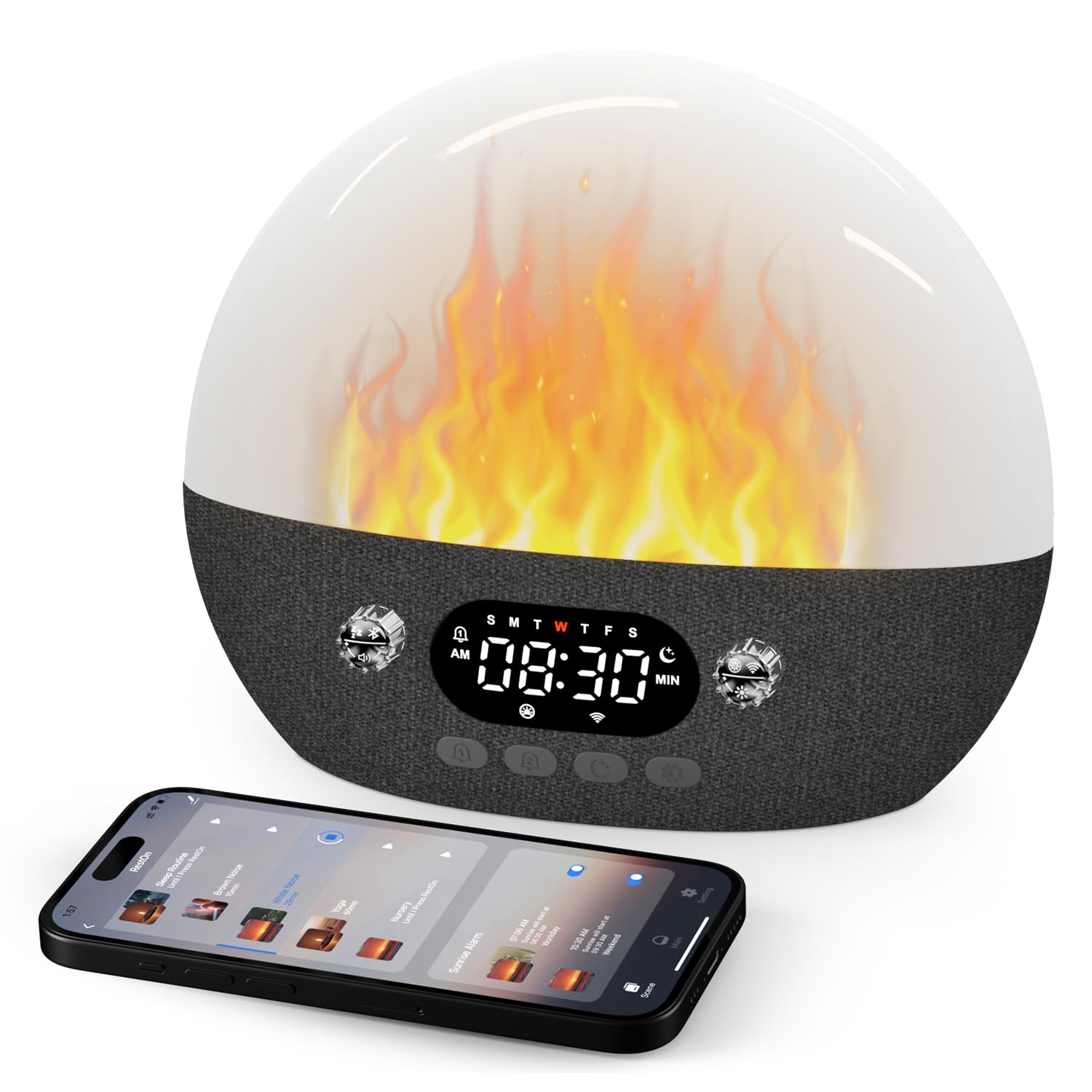 Dekala RestOnn Sunrise Alarm Clock & Sunset Sound Machine - 7-Day Programmable Dual Alarm with White Noise & Natural Sleep Sounds, Bluetooth Speaker, Amber Night Light & Smart App Control (White) - Perfect for Bedroom, Nursery, Office & Meditation Room